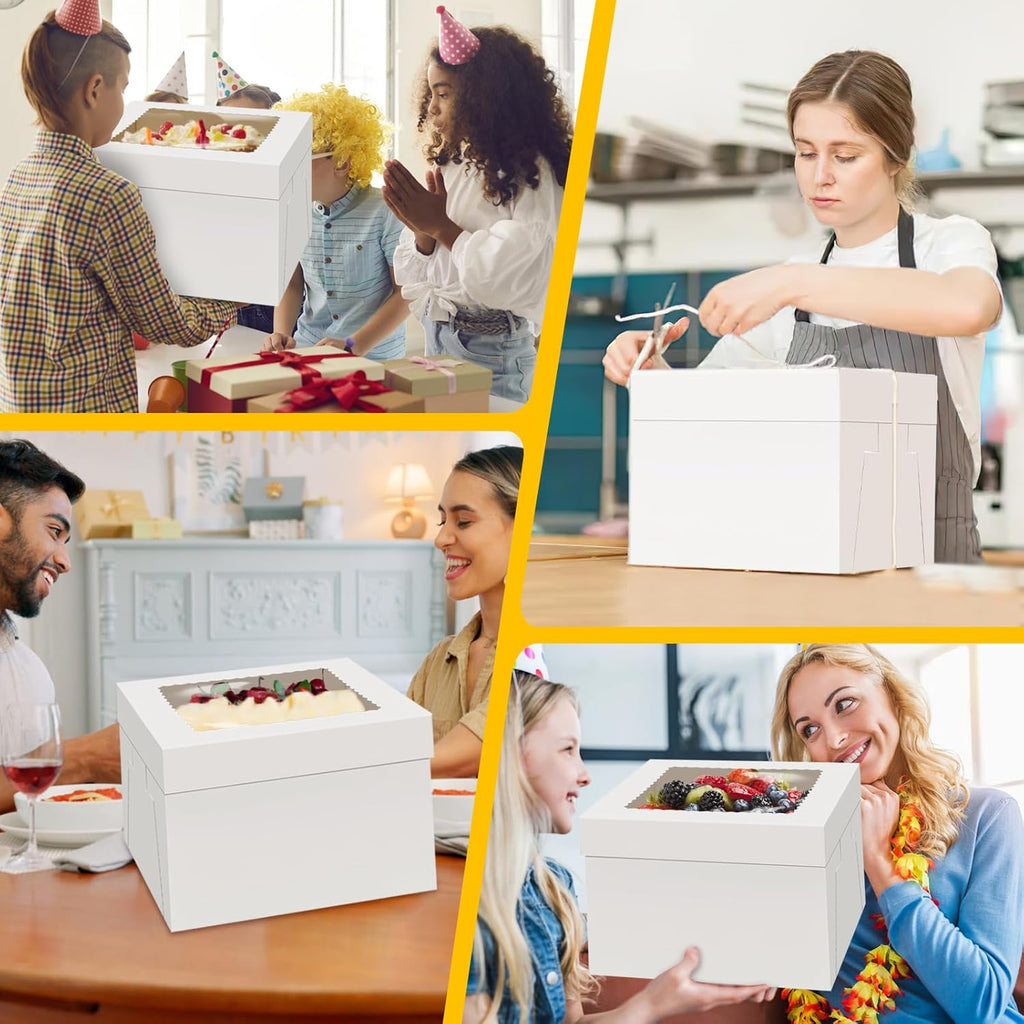 WINKIO 4 Pack Cake Boxes 12 Inch, Disposable Cake Transport Container, White Bakery Boxes with Large Window, for Cookies Pies Cupcakes Pastry (12×12×8 Inches)