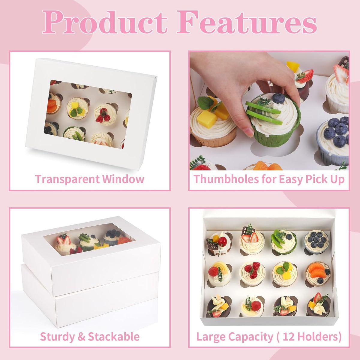 Cupcake Boxes, 2 Pack Disposable Cupcake Containers, Food Grade Cupcake Carrier 12 Count with Window and Inserts, Cupcake Transport Holders Bulk for Muffins Cookies Treats Dessert（White）