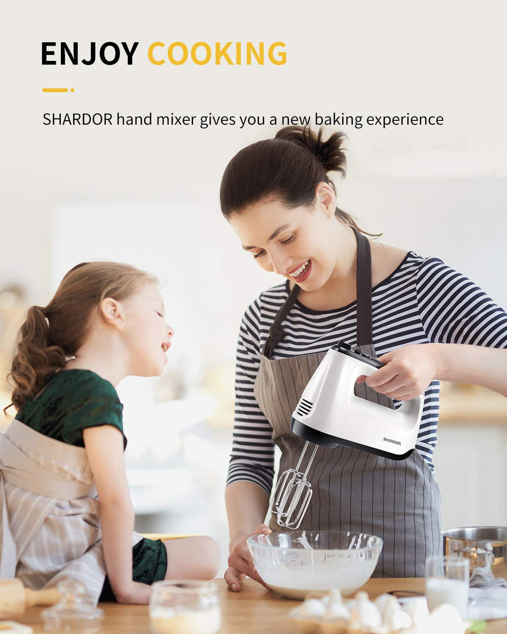 SHARDOR Hand Mixer Electric, 6 Speed & Turbo Mixer Electric Handheld, Snap-On Storage Case,5 Stainless Steel Accessories for Whipping, Mixing Cookies, Brownie, Cakes, Dough Batters, White