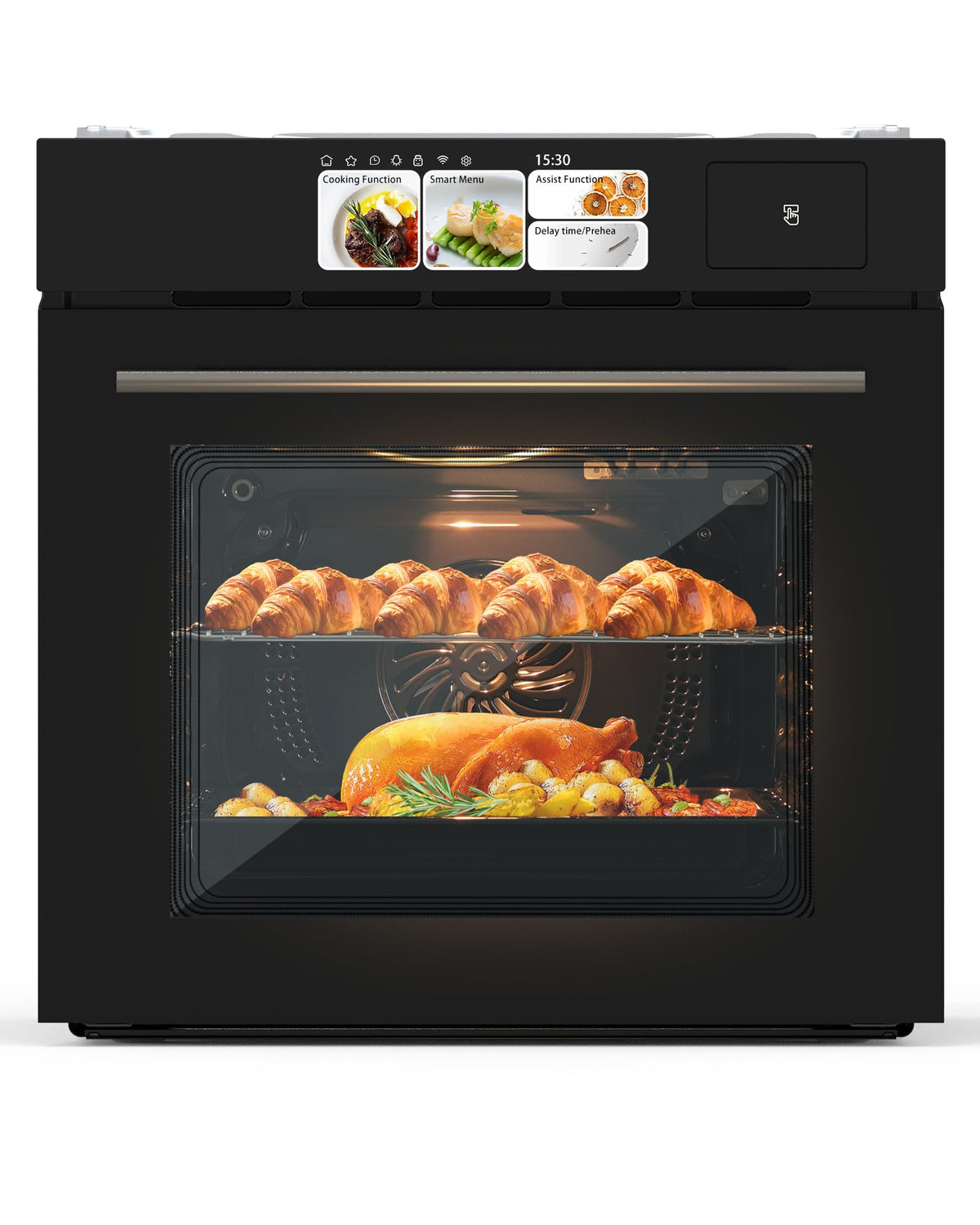 GarveeHome 24" pojedynczy piekarnik ścienny, wbudowany piekarnik elektryczny z trybem pary, grilla i smażenia na powietrzu, 3000 W, 240 V, 2,5 stopy sześciennej stali nierdzewnej, wbudowany piekarnik konwekcyjny, zaawansowany ekran TFT