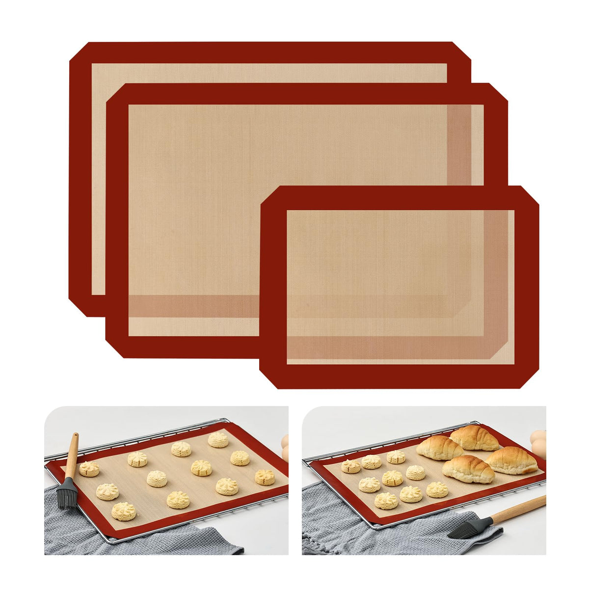 KitchenRaku Silicone Baking Mat, 16.5"x11.6" Non Stick Reusable Silicone Cooking Mat, BPA Free Baking Sheet for Cookies, Macarons Bread & Pastry, Toaster Pad Set of 2
