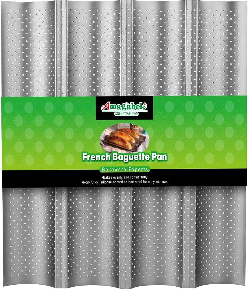 AMAGABELI GARDEN & HOME Baguette Bread Pan 15" x 13" Nonstick Perforated Baguette Tray French Bread Baking 4 Wave Loaf Bake Mold Toast Cooking Baker Molding Gutter Oven Toaster Dishwasher Safe Silver