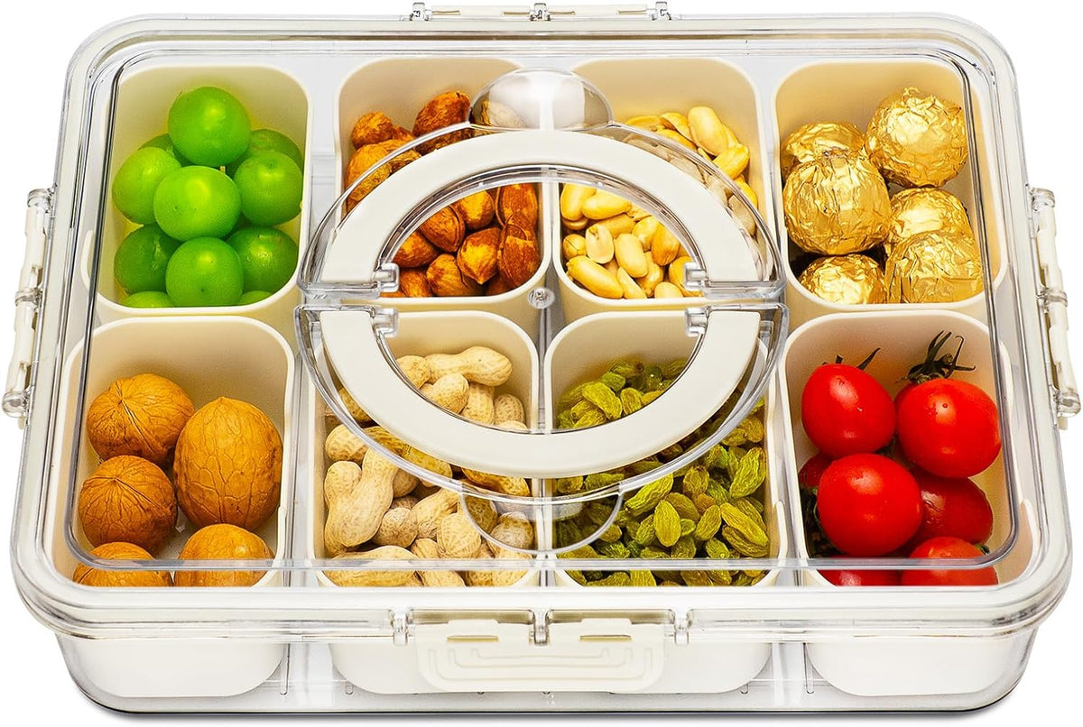 Divided Serving Tray with Lid and Handle,8 Compartments Snacks Box,Snack Fruit and Veggie Tray,Portable Platter for Candy Fruits Nuts Snack Party Entertaining Picnic (1 PCS)