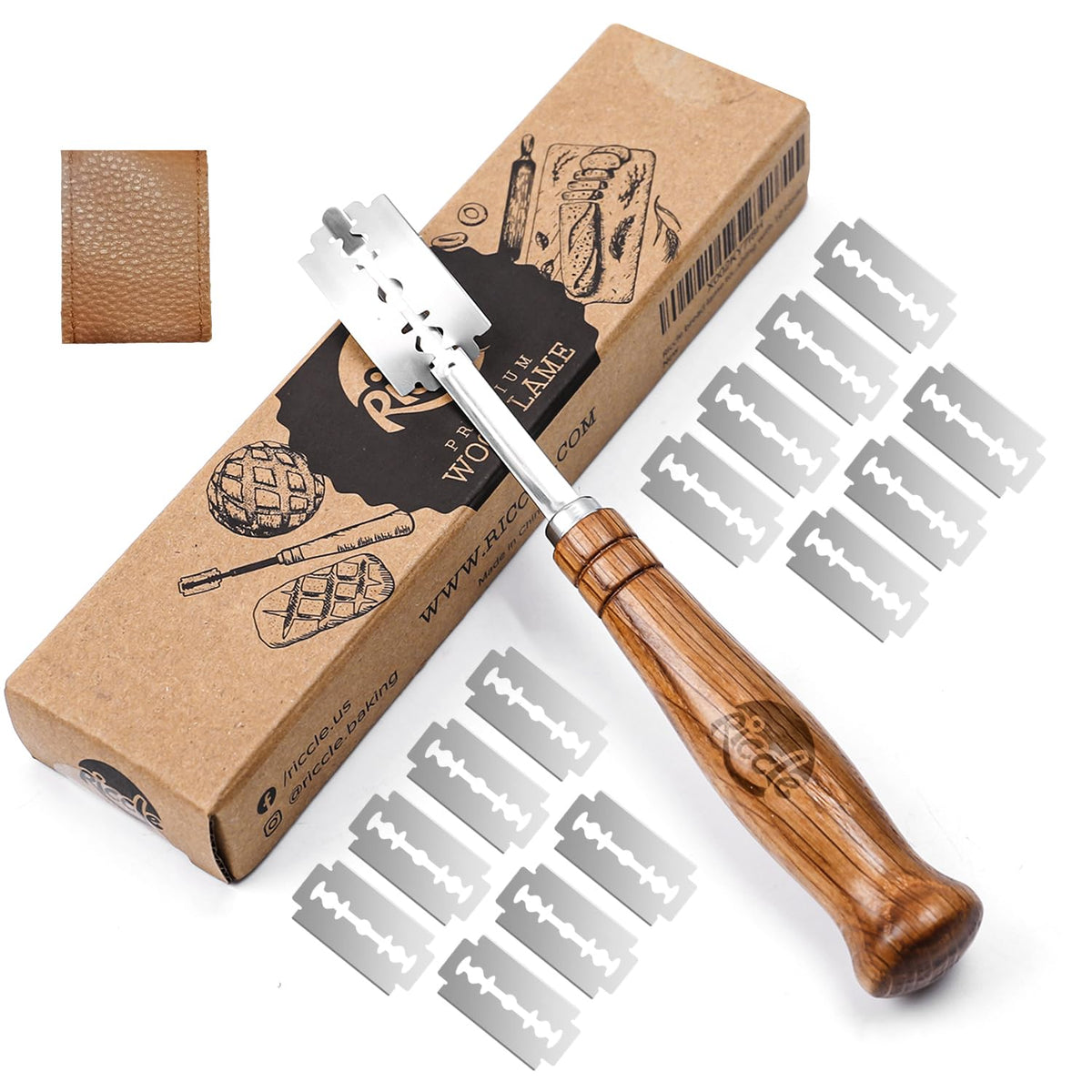 RICCLE UFO Wooden Bread Lame Slashing Tool, Dough Scoring Knife with 15 Razor Blades and Storage Cover (Rose Wood)