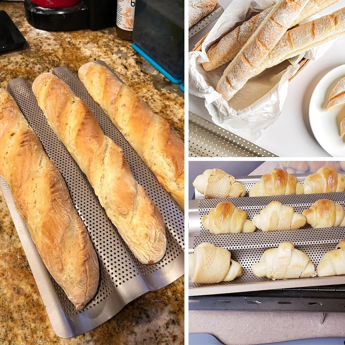 Baguette Pan, French Bread Baking Pan Perforated 3 Loaves Long Italian Bread Pan Mold Nonstick Baguettes Bakery Tray with Proofing Cloth,15"x11"