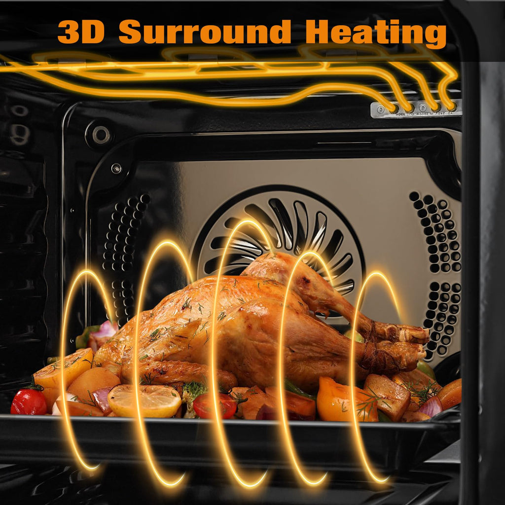 Single Wall Oven 24", Built-in Electric Ovens with 5 Automatic Recipes, 3000W, 2.5 CF Convection Steam and Air Fry Function, Stainless Steel, Touch Control, Timer, Safety Lock