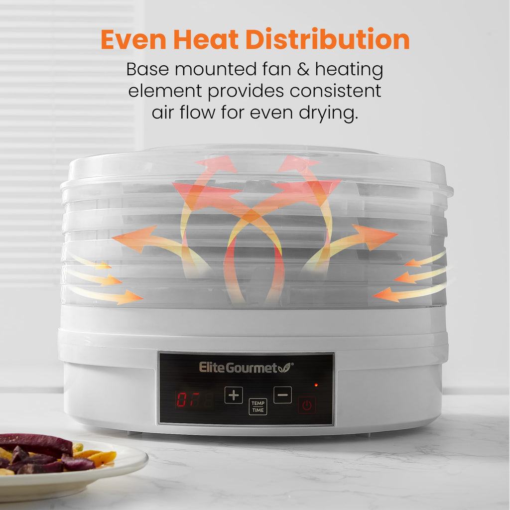 Цифрова дегідраторка для харчових продуктів Elite Gourmet EFD770WD з 5 лотками 12,5 дюйма без бісфенолу А, регульованим 48-годинним таймером та температурою від 95 до 158°F, для в'яленого м'яса, трав, фруктів, овочів, сухих снеків, білого кольору