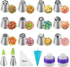 27-Piece Russian Piping Tips Set - Icing Bags and Tips Set Cake Decorating(12 Icing Tips 10 Pastry Baking Bags 2 Leaf Piping Tips 2 Couplers 1 Silicone Bag)