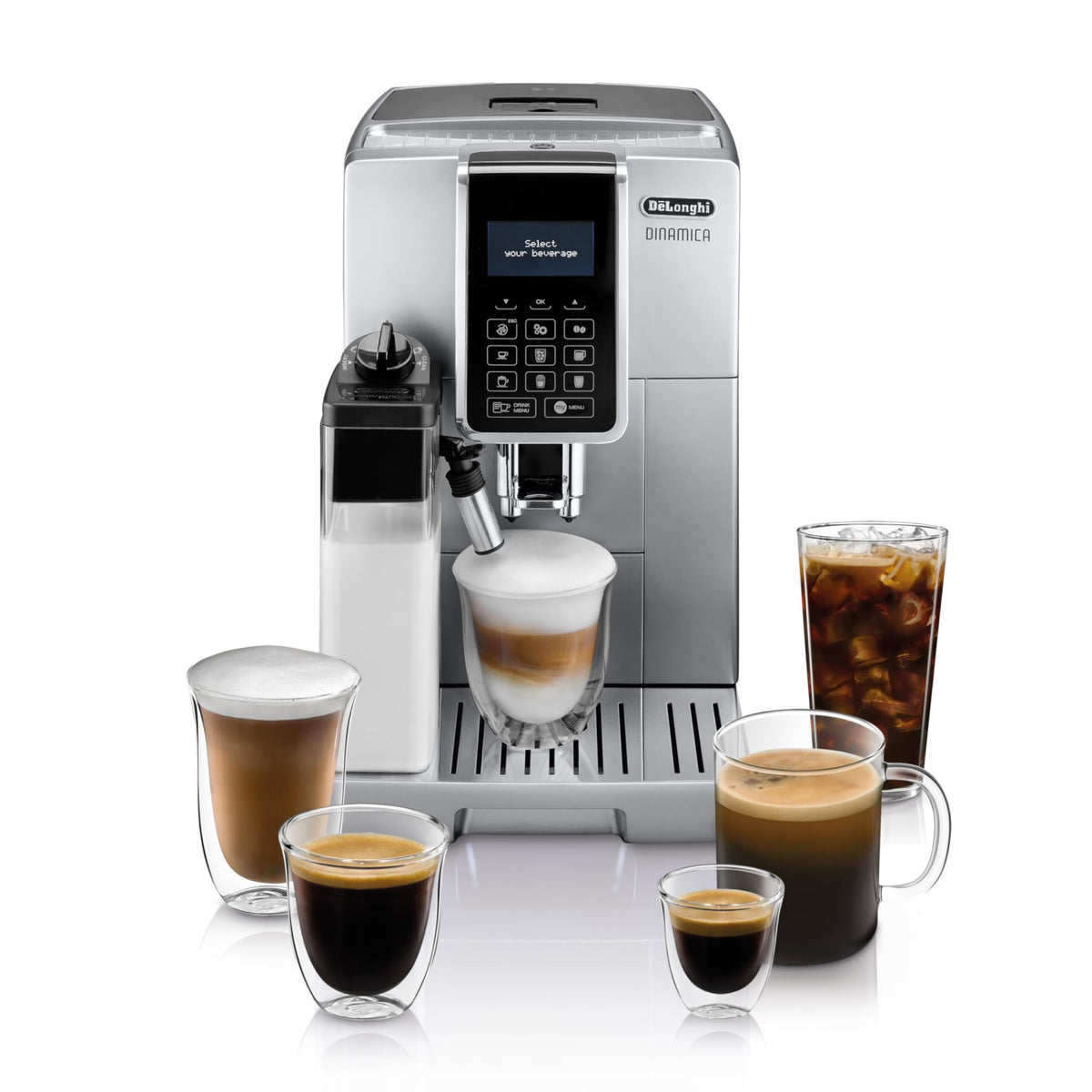Кавоварка De'Longhi Dinamica LatteCrema з автоматичним спінювачем молока для лате, капучино, вбудованою кавомолкою, сріблястий колір, ECAM35075SI