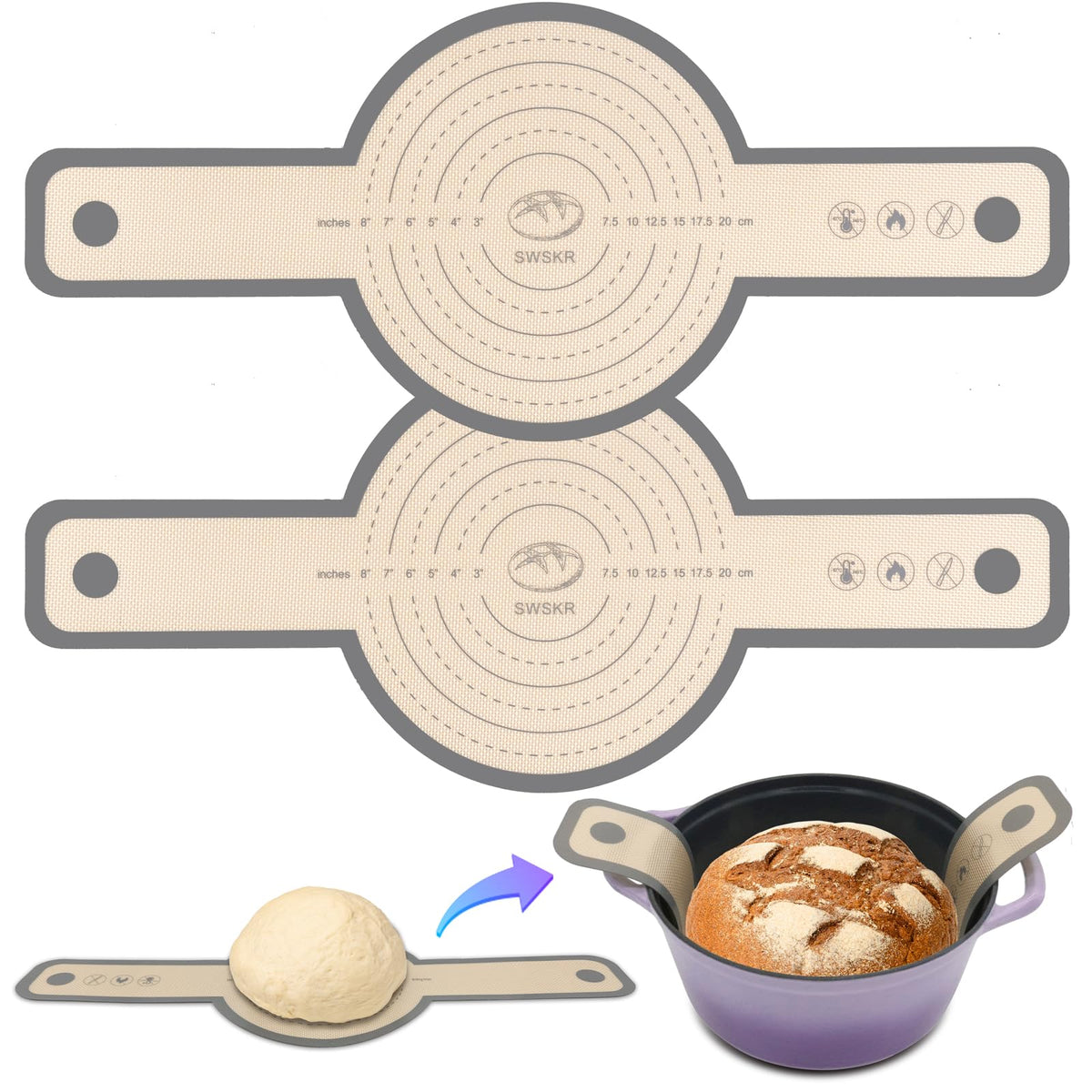 Silicone Bread Sling for Dutch Oven, 2 Pcs Non-Stick & no objectional odor Bread Baking Mat Set, antislip Reusable Bread Sling with Long Handle to Transfer Sourdough, large, Gray