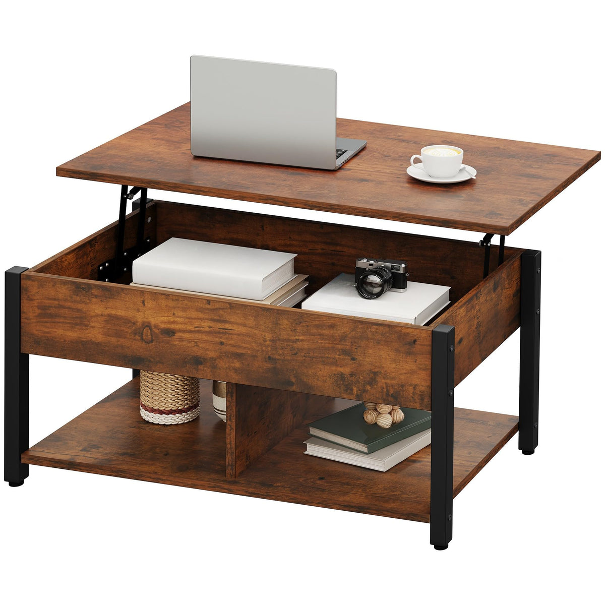 YITAHOME Lift Top Coffee Table with RGB Light, 3-in-1 Coffee Table with Power Outlets, Hidden & Open Storage, Adjustable Height, Wooden Dining Table for Living Room, Home Office, Brown