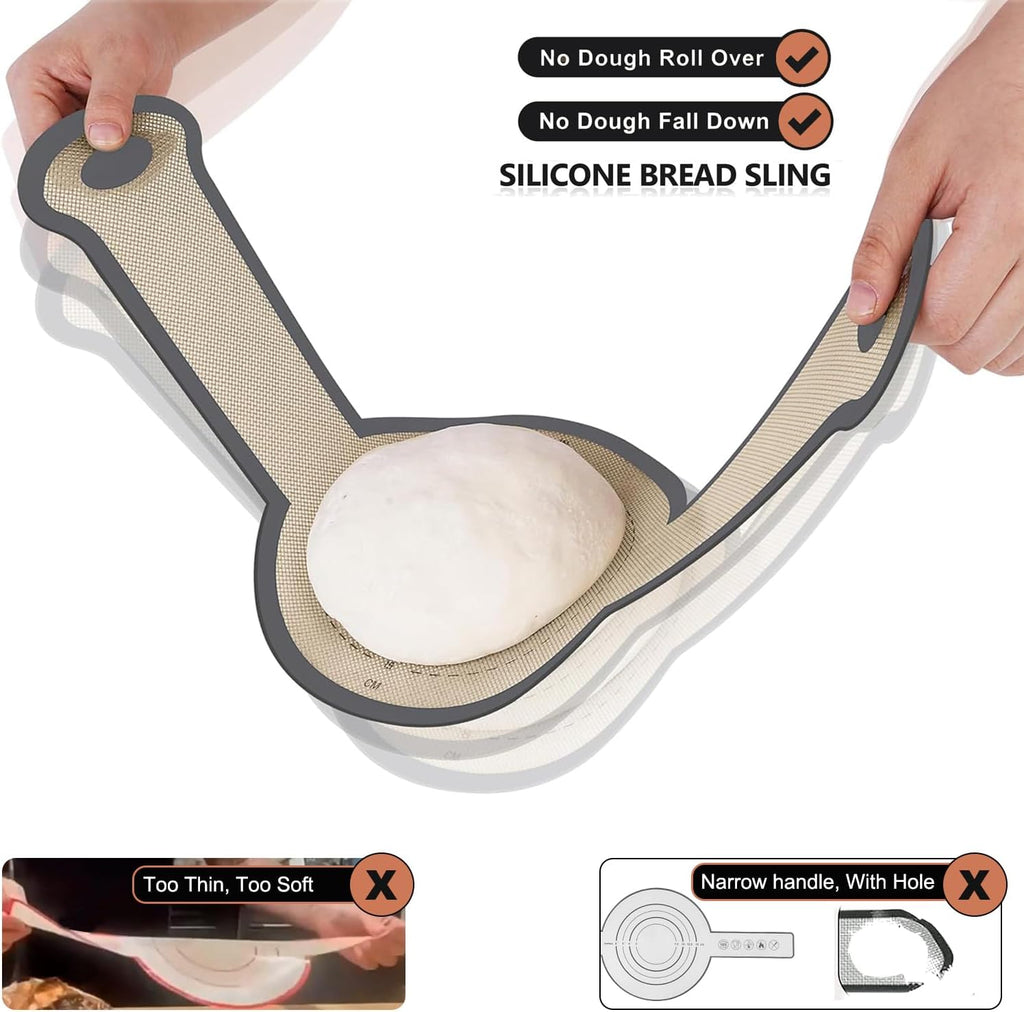Silicone Bread Sling, 2 Pcs Non-Stick & Easy Clean Dutch Oven Baking Mat with Longer Handles, Silicone Baking Sling to Transfer SourDough Easily, Reusable Bread Mat Set with Storage Bracelets