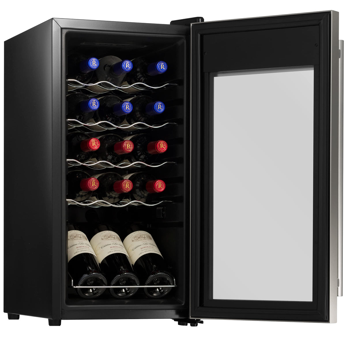 nutrichef 15 Bottle Fridge | Red and White Chiller | Adjustable Temp Control 41°F to 64°F | Ultra Quiet Operation | Mini Wine Cooler Built for Home, Office, Kitchen Counter, 27x13x17, Stainless Steel