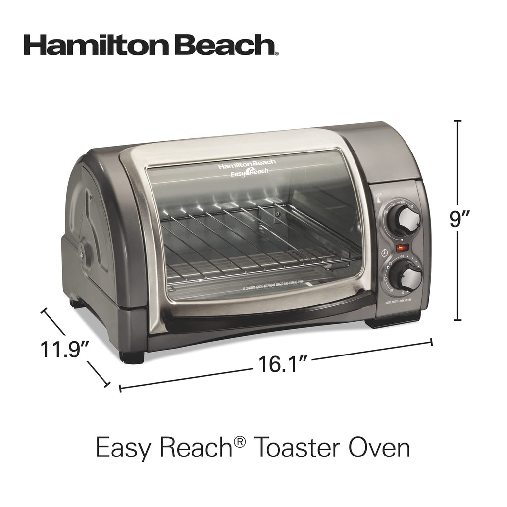 Hamilton Beach Easy Reach 4-Slice Countertop Toaster Oven With Roll-Top Door, 1200 W, Pasuje do pizzy 9”, 3 funkcje pieczenia: pieczenie, grillowanie i tostowanie, Srebrny (31344DA)