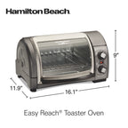 Hamilton Beach Easy Reach 4-Slice Countertop Toaster Oven With Roll-Top Door, 1200 W, Pasuje do pizzy 9”, 3 funkcje pieczenia: pieczenie, grillowanie i tostowanie, Srebrny (31344DA)
