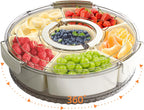 Divided Serving Tray with Lid and Handle, Stackable Snackle Box Container for Fruits Candy Organizer, Portable Spinning Rounded Veggie Tray for Kitchen, Party, Trave and Picnic-1 Pack