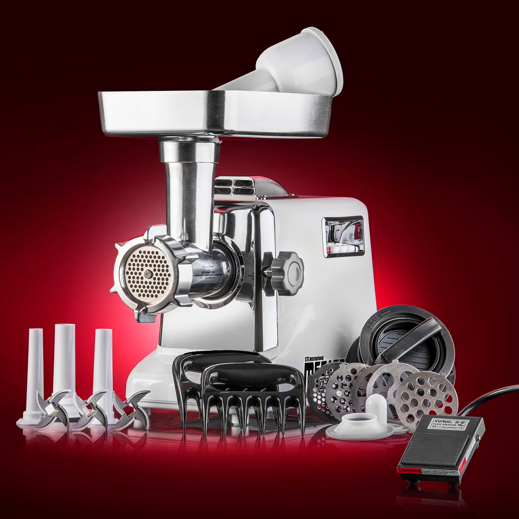 STX Megaforce 3000 Mocna, chłodzona powietrzem, 6 w 1, elektryczna maszynka do mięsa z pedałem nożnym • Nadziewarka do kiełbas • Maszynka do kubbe • Maszynka do burgerów/sliderów • 2 szczypce do mięsa • 3 ostrza ze stali nierdzewnej • 5 płyt mielących