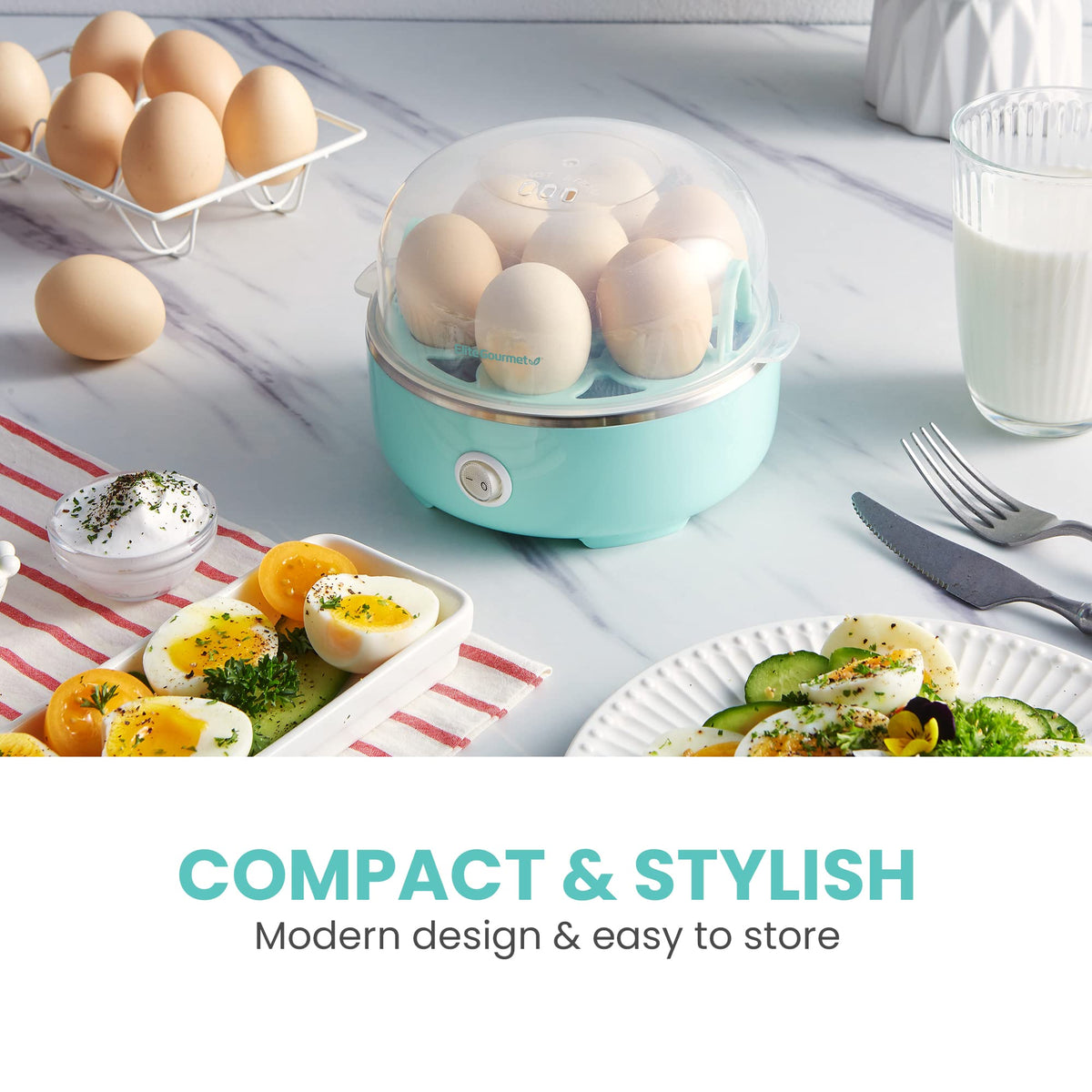 Електрична яєчня Elite Gourmet EGC115M Easy Egg Cooker, місткість 7 яєць, варка яєць на м'яких, середніх та круто з автоматичним вимкненням, мірна чашка в комплекті, без BPA, ретро-м'ятний колір