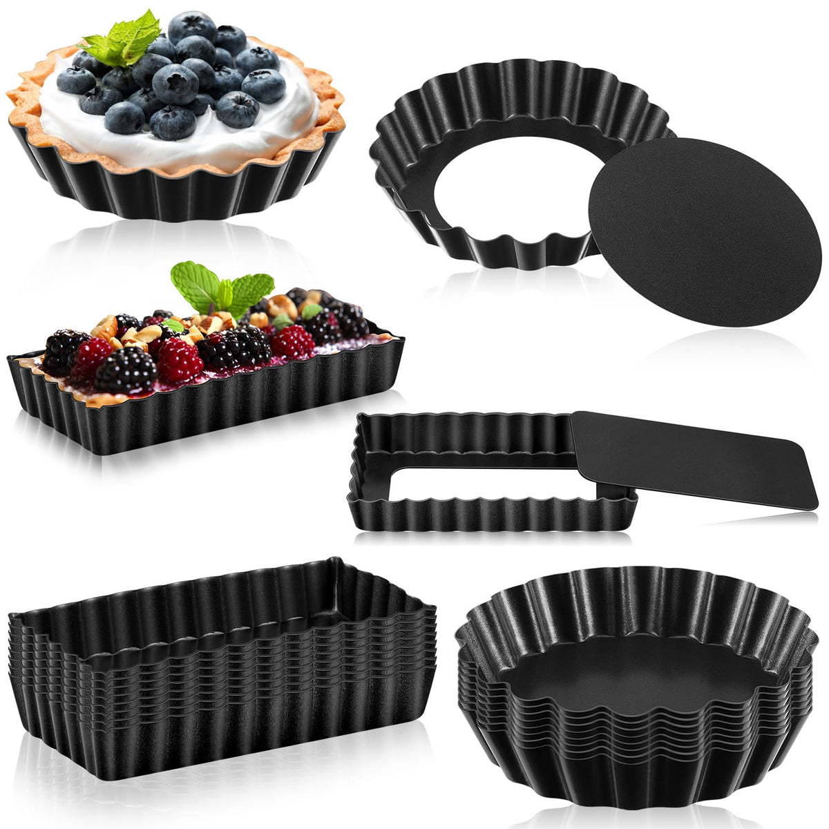 Tessco 16 Pieces Mini Tart Pans with Removable Bottom Nonstick Quiche Mini Pie Tart Pans Bakeware Mold Fluted Side for Pies(Black Gray Round,3 Inch)
