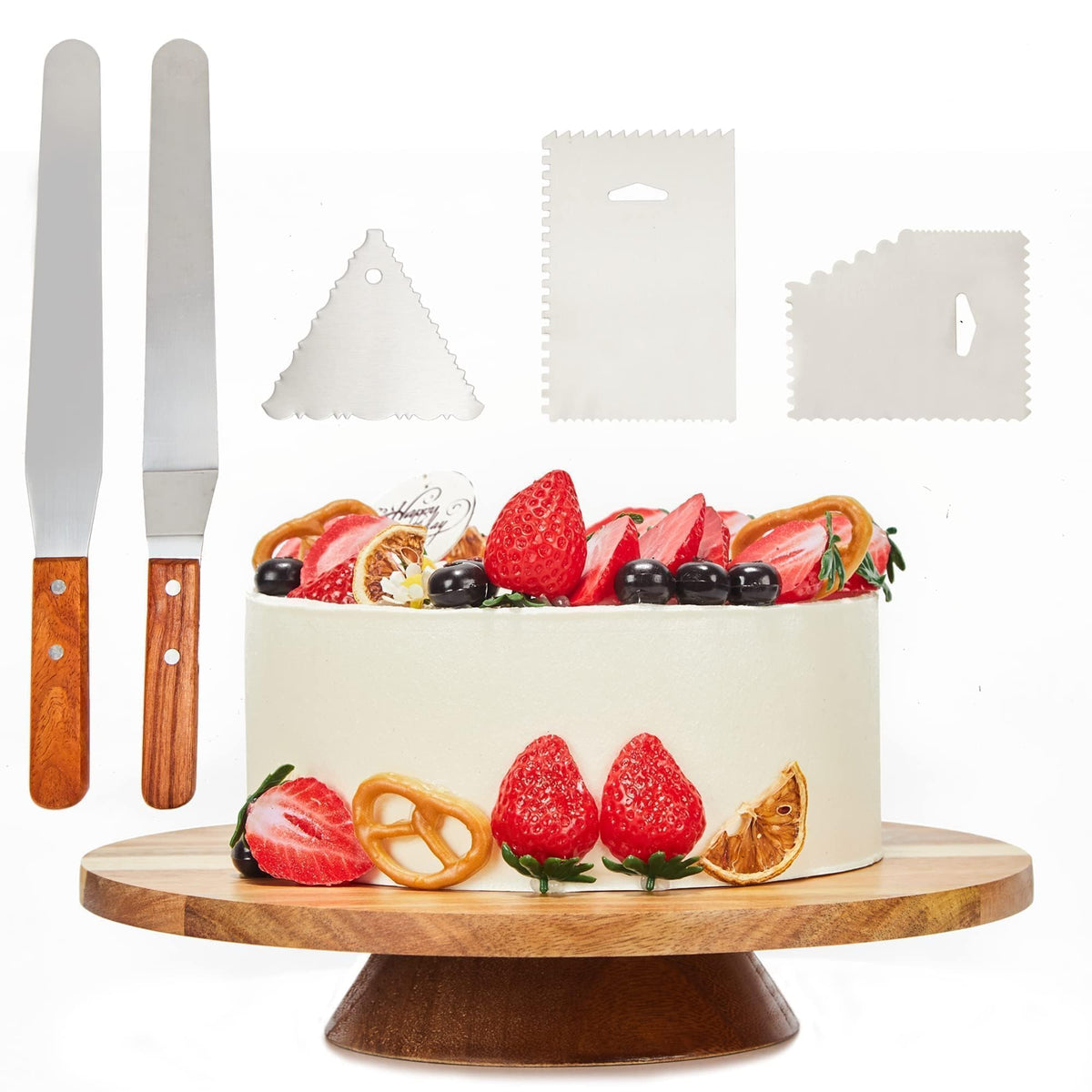 12" Acacia Wood Revolving Cake Stand, 2" High Rotating Cake Turntable, Wooden Rotating Display Stand for Cake, Cupcake Decorating Supplies