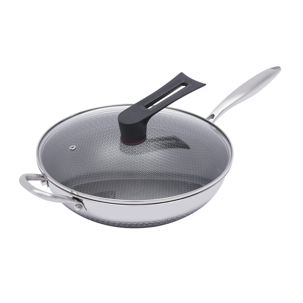 12-calowa patelnia wok ze stali nierdzewnej z pokrywką, powłoka plastra miodu, woki i patelnie do smażenia, nieprzywierający wok, zestaw indukcyjny, chiński wok, bez powłoki chemicznej, do indukcji, elektryczności, gazu, halogenu
