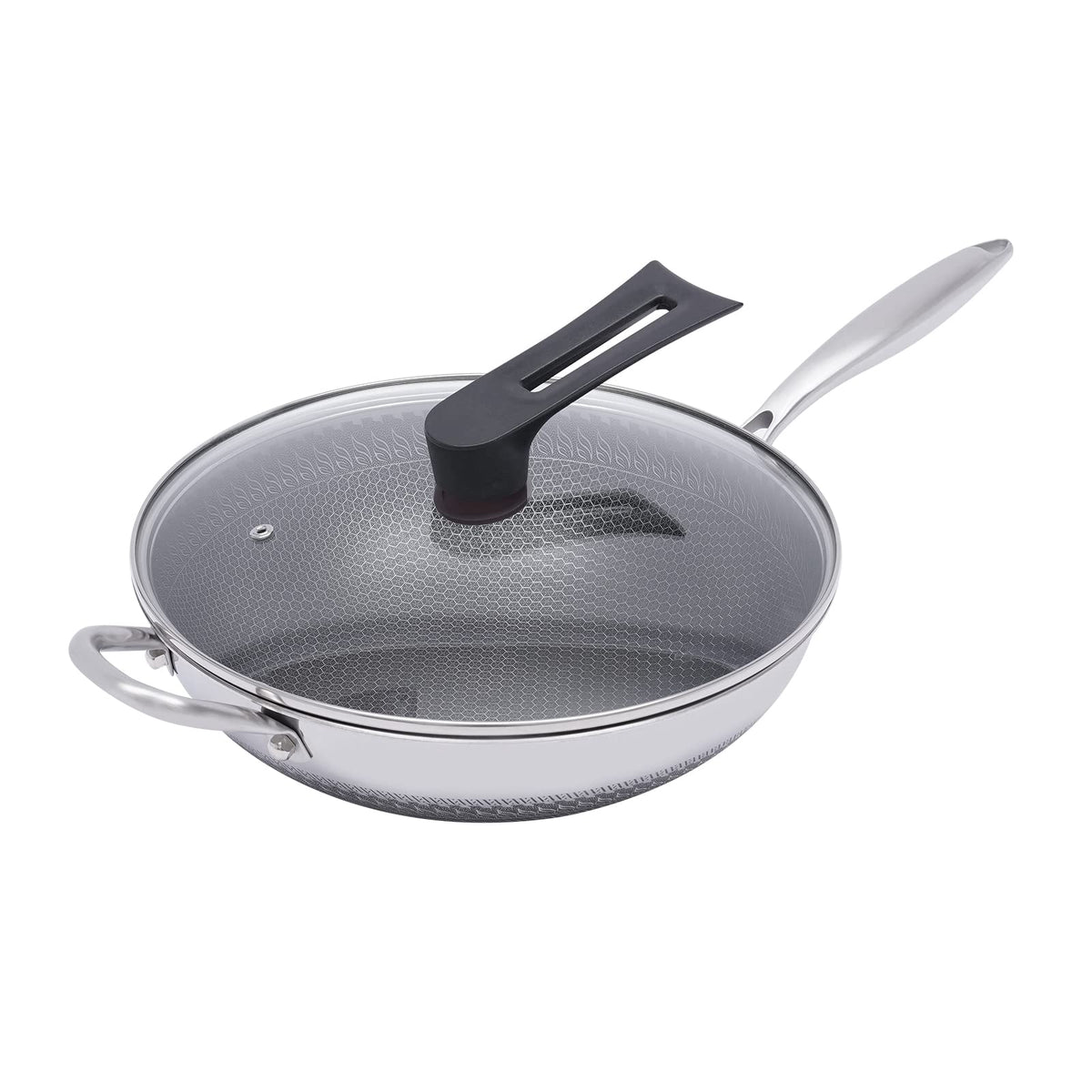 12-calowa patelnia wok ze stali nierdzewnej z pokrywką, powłoka plastra miodu, woki i patelnie do smażenia, nieprzywierający wok, zestaw indukcyjny, chiński wok, bez powłoki chemicznej, do indukcji, elektryczności, gazu, halogenu