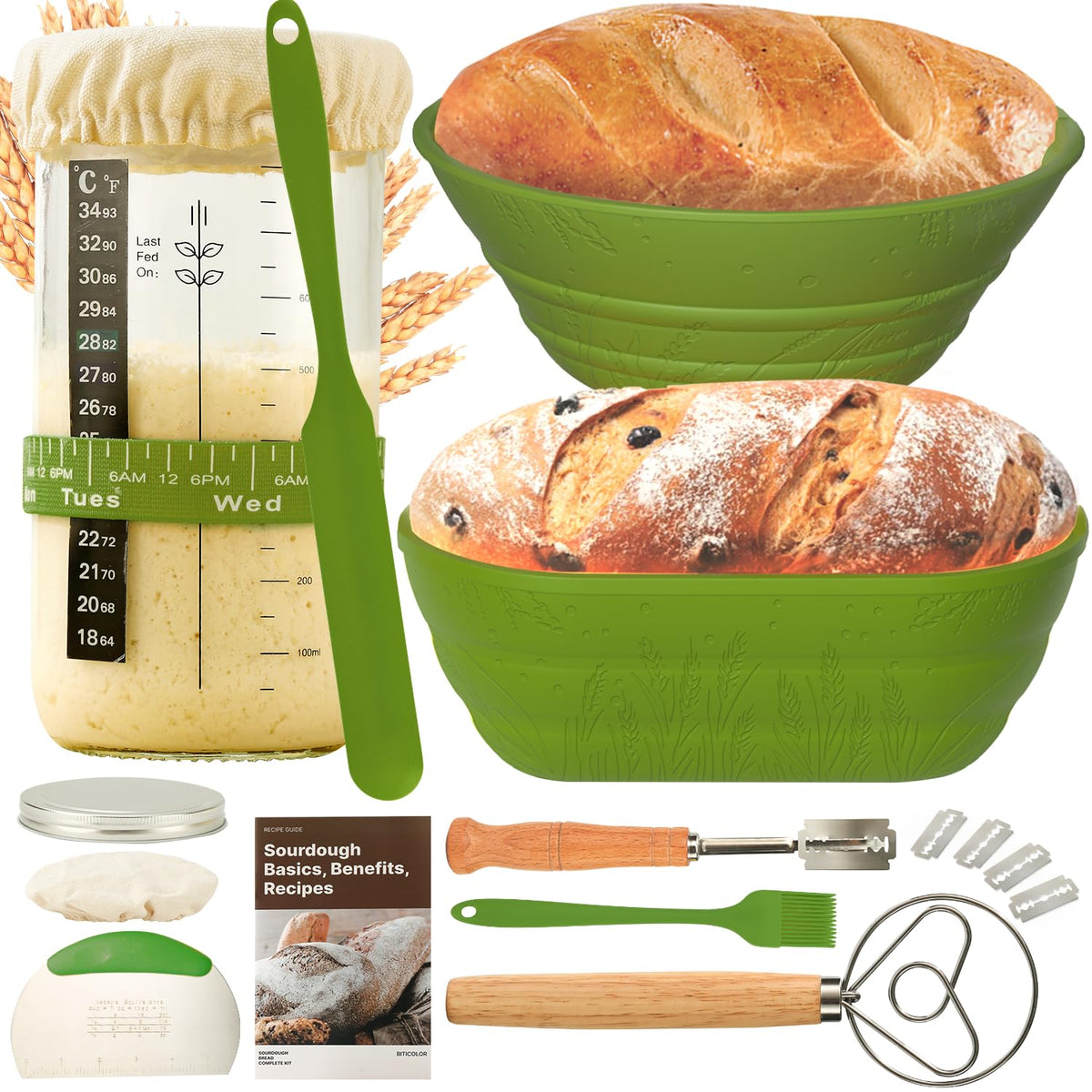 Sourdough Bread Baking Supplies 34 OZ Sourdough starter kit with 2 Bread Proofing Basket - Yellow