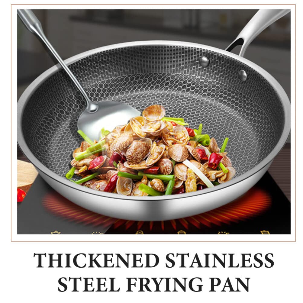Yardwe Stainless Steel Wok Stainless Steel Cookware Flat Bottom Wok Stovetop Griddle Noodles Cooker Electric Stove Wok Deep Saute Pan Pot Nonstick Stainless Steel Griddle Pan Grilling Wok