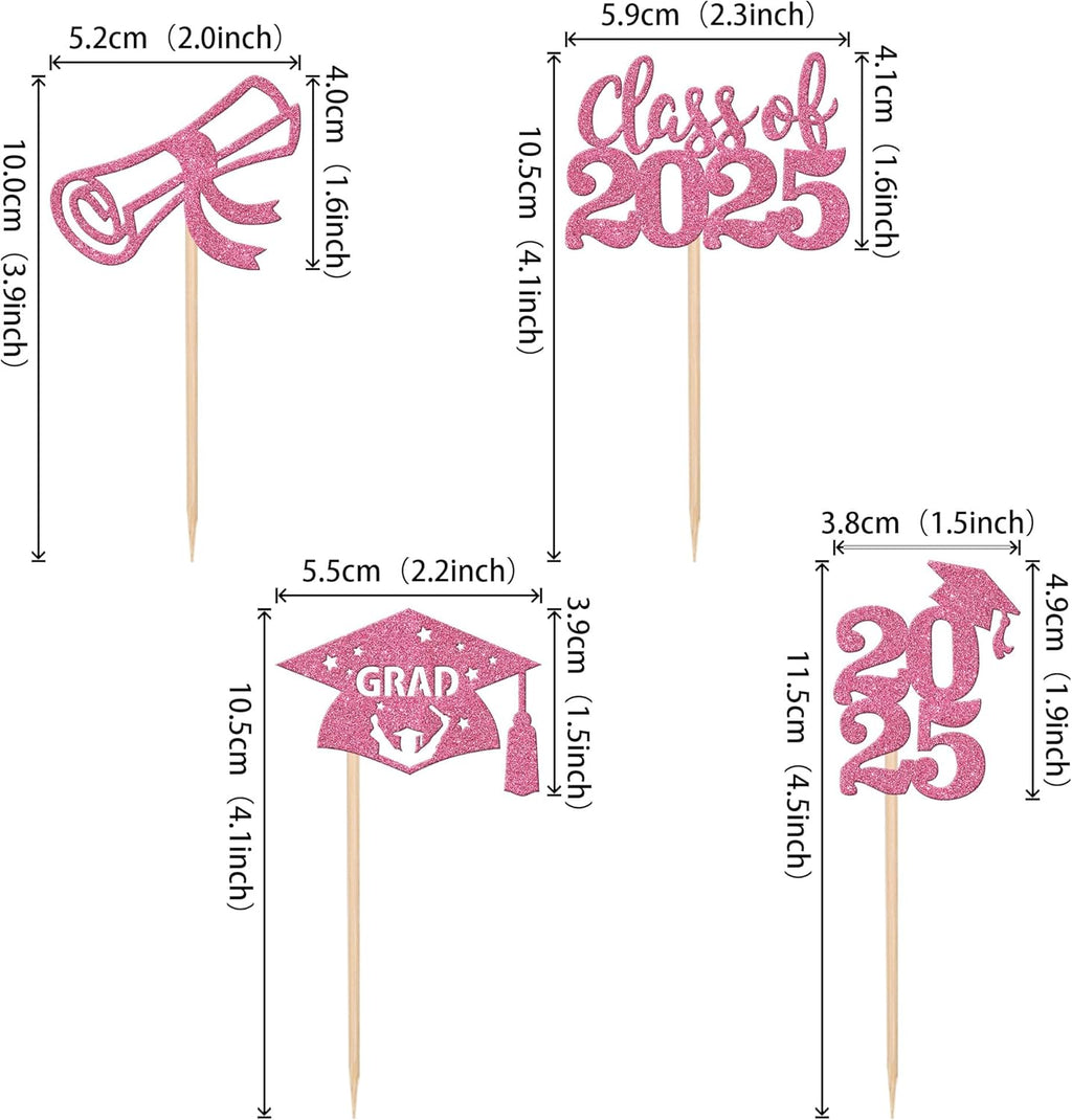 24 PCS 2025 Graduation Cupcake Toppers Glitter Diploma Congrats Grad Cap Cupcake Picks Class of 2025 Cake Decorations for 2025 Graduation Theme Party Supplies Pink