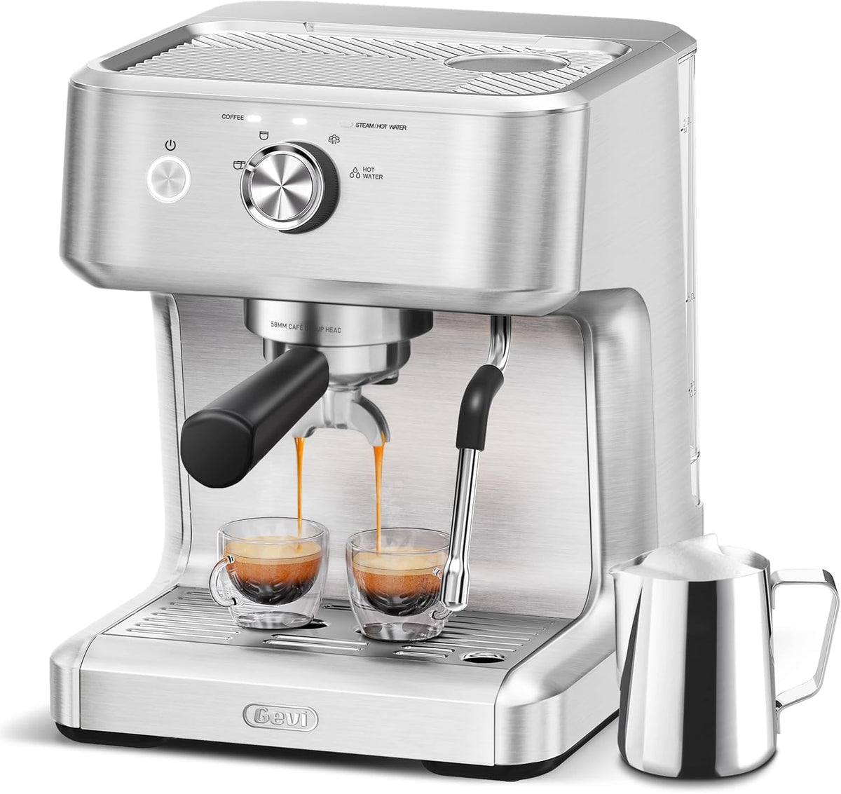 Ekspres do kawy Gevi EzBru 1000, ekspres do kawy Barista z regulowaną temperaturą i objętością napoju, stalowy ekspres do cappuccino ze spieniaczem do mleka, ekspres do kawy ekspresowej dla miłośników kawy