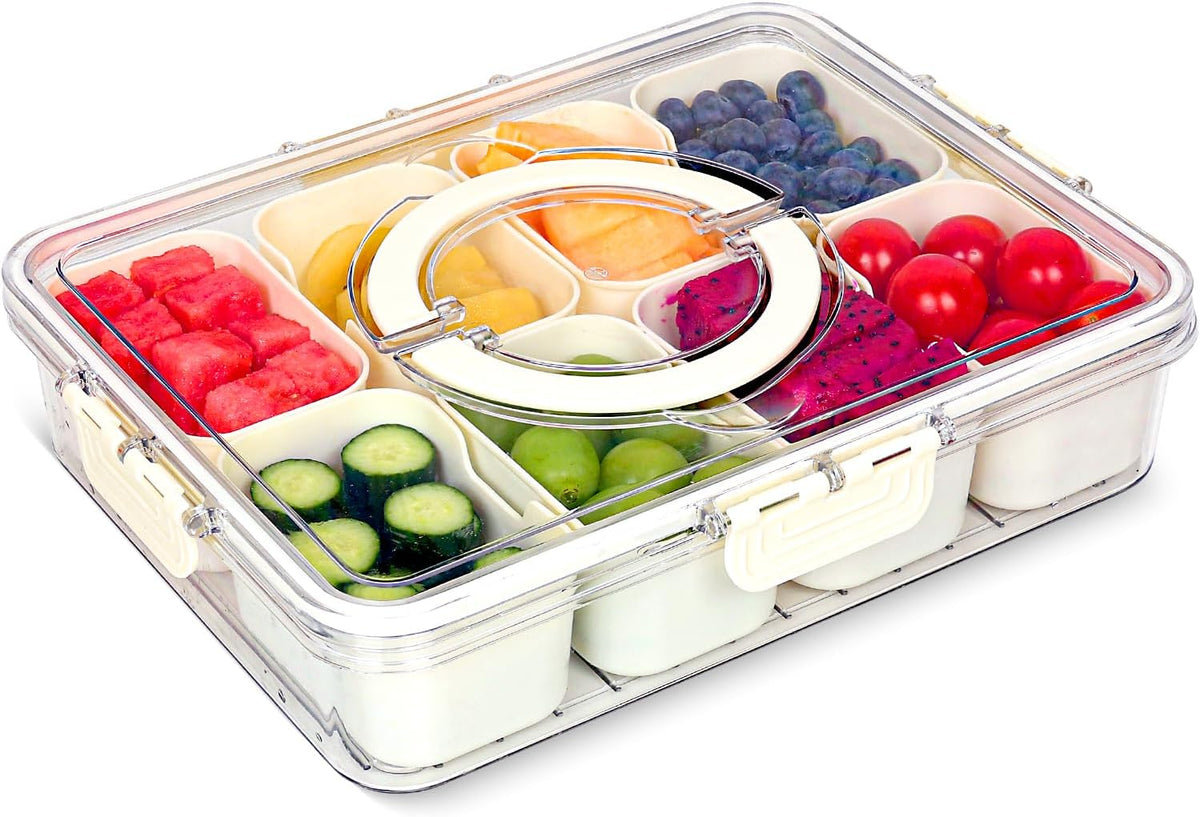 Divided Serving Tray with Lid and Handle - 8 Compartment Snackle Box Charcuterie Container，Portable Snack Box for Travel,Party,Picnic,Beach - Clear Food Organizer for Candy, Fruits, veggie, Snack