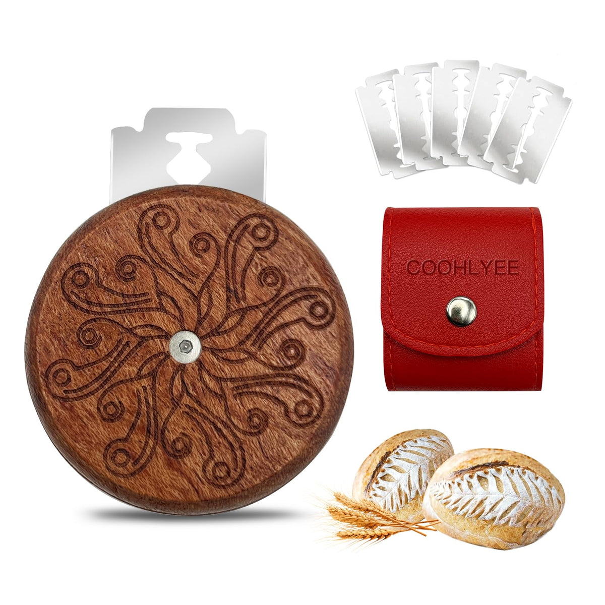 UFO Wooden Bread Lame Slashing Tool, Dough Scoring Knife with 5 Razor Blades and Storage Cover,Sourdough Bread Scoring Tool for Homemade (Lotus patterns)
