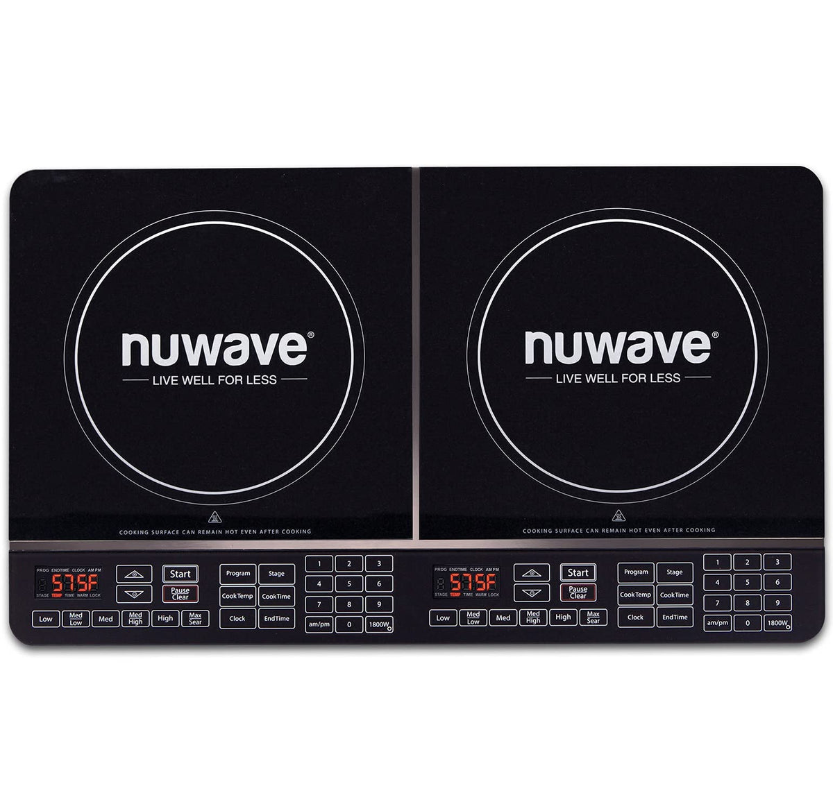 Podwójna płyta indukcyjna Nuwave, moc 1800 W, 2 duże 8-calowe cewki grzewcze, niezależne sterowanie, 94 ustawienia temperatury od 100°F do 575°F w odstępach co 5°F, 2 x 11,5-calowa powierzchnia ze szkła ceramicznego odpornego na stłuczenie