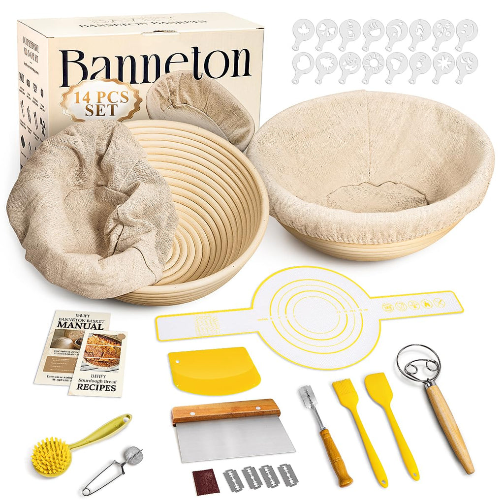Banneton Bread Proofing Basket Sourdough Bread Baking Supplies, Sourdough Starter Kit with 9" Round & 10" Oval Banneton Baskets, Bread Lame, Sling, Spatula, Scraper, Dough Whisk