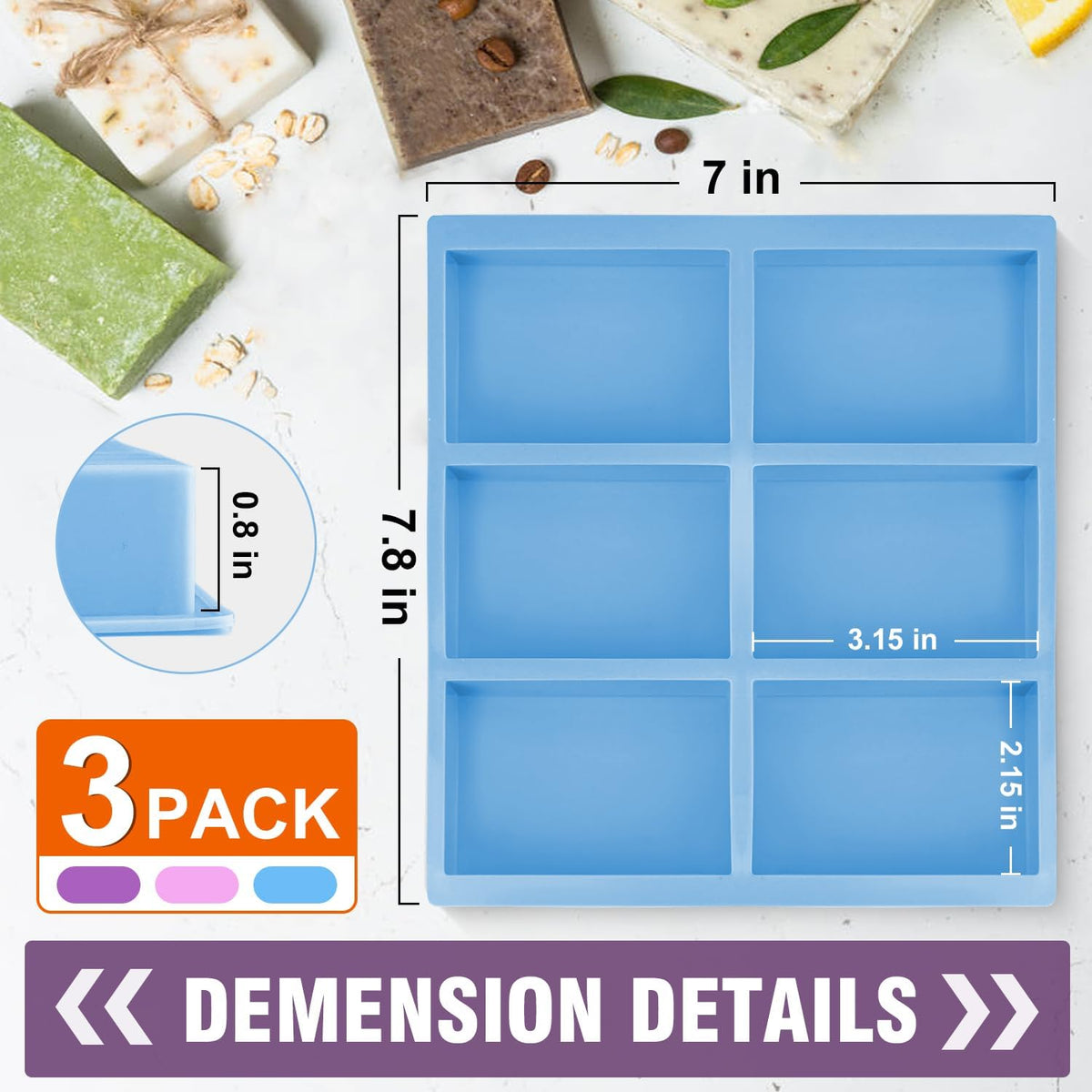 Walfos Silicone Soap Molds Set of 3, 6 Cavities Rectangle Silicone Soap Molds for Homemade Craft Soap Mold, Cake,Chocolate ＆ Ice Cube Tray（Blue & Purple ＆ Pink）