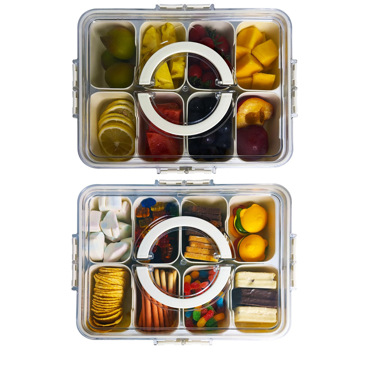 Plastic Divided Serving Tray with Lid and Handle Snack Box Charcuterie Container Portable Snack Platters Organizer for Candy, Fruits, Snacks, Nuts, for Party, Entertaining (White 8 compartments)