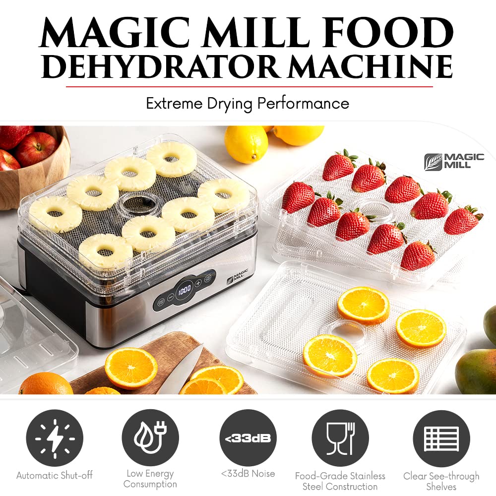 Magic Mill Food Suszarnia do żywności | 5 składanych tac ze stali nierdzewnej Suszarka do suszonego mięsa z cyfrowym regulowanym timerem i kontrolą temperatury - Elektryczna suszarka do żywności do owoców, warzyw, mięs i przysmaków dla psów