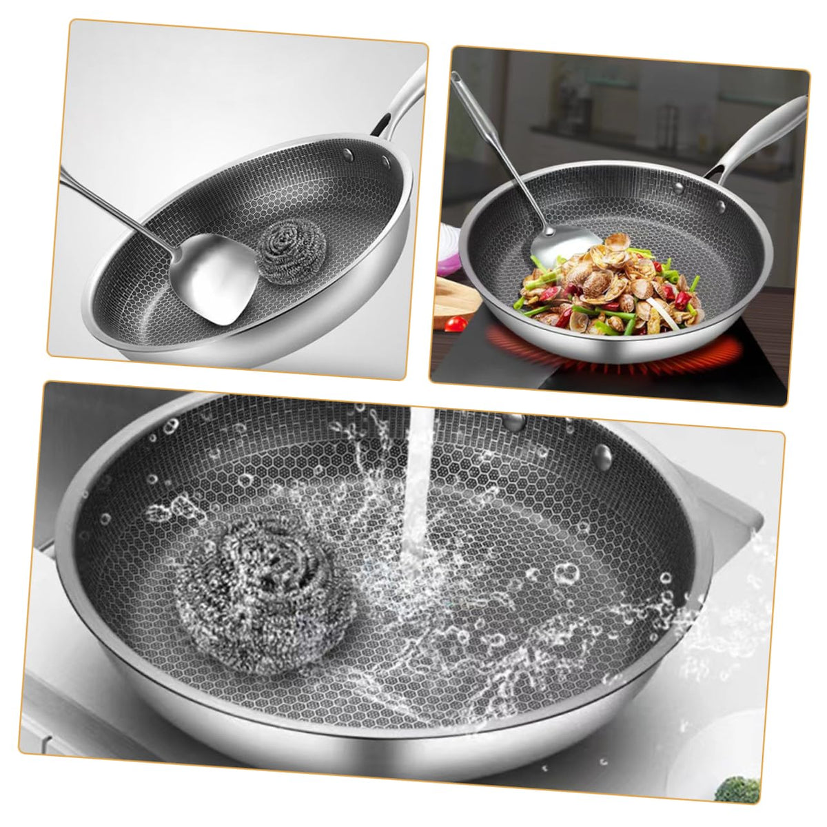 PRETYZOOM Omelet Pan Chinese Wok Stovetop Pot Frying Strainer Oven Fryer Flat Bottom Pans Schfer Noodles Cooker Large Honeycomb Wok Non Griddle Wok for Electric Stove Silver Stainless Steel