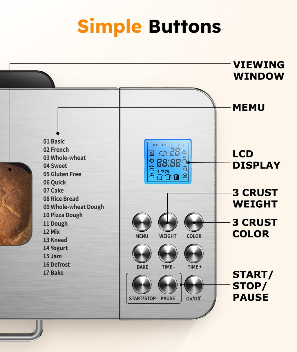 2LB Bread Maker Machine, OSIPOTO 17 in 1 Automatic Stainless Steel Bread Machine, Non-stick, Beginner-Friendly Controls, 15 Hour Timer, Easy to Clean Low Noise, High Success Rate for Homemade Bread