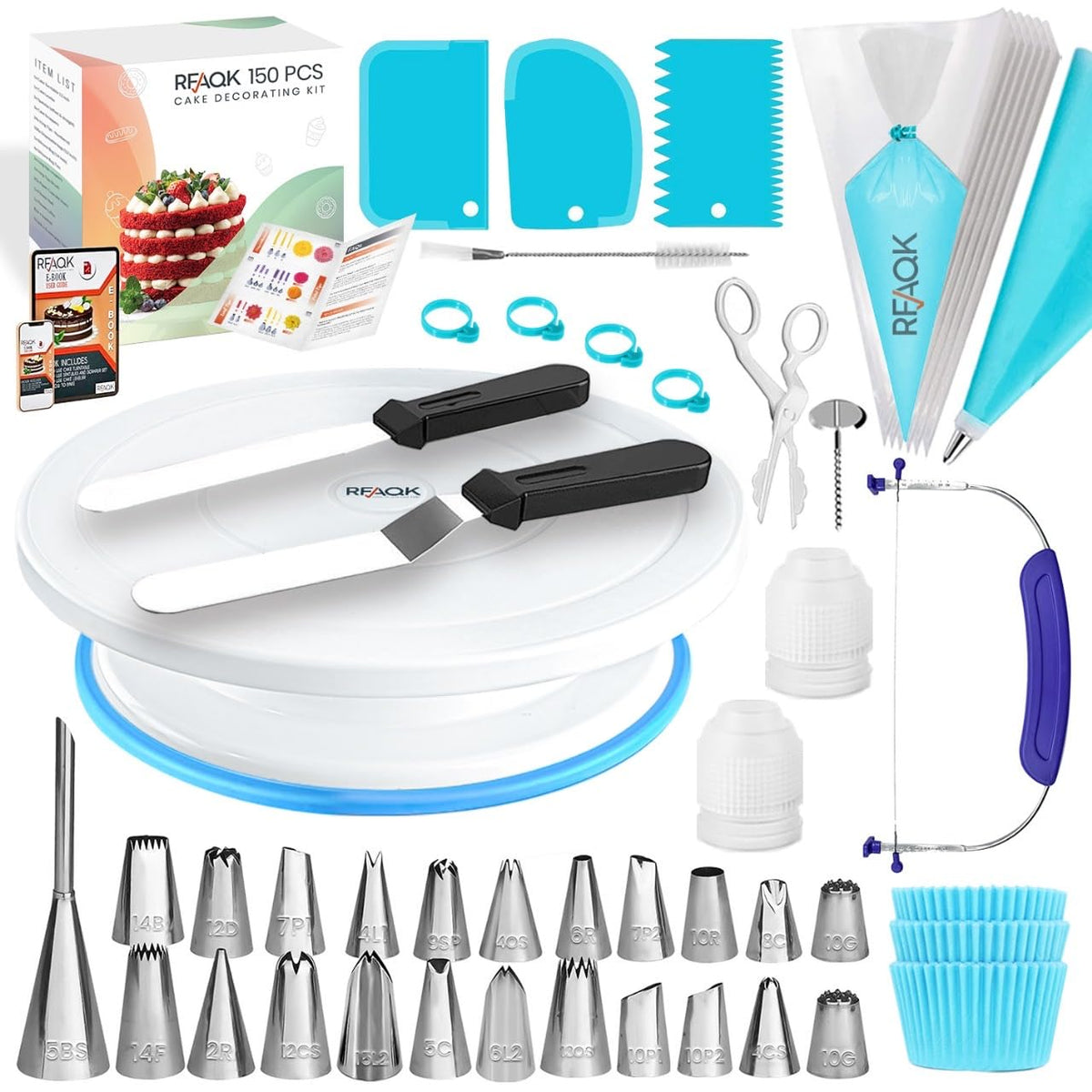 RFAQK 200PCs Cake Decorating Kit for Beginners with Turntable for Decoration - Piping Bags and Tips Set (110+55), Straight & Offset Spatula, Leveler, Video Course, Pattern Chart & More Baking Supplies