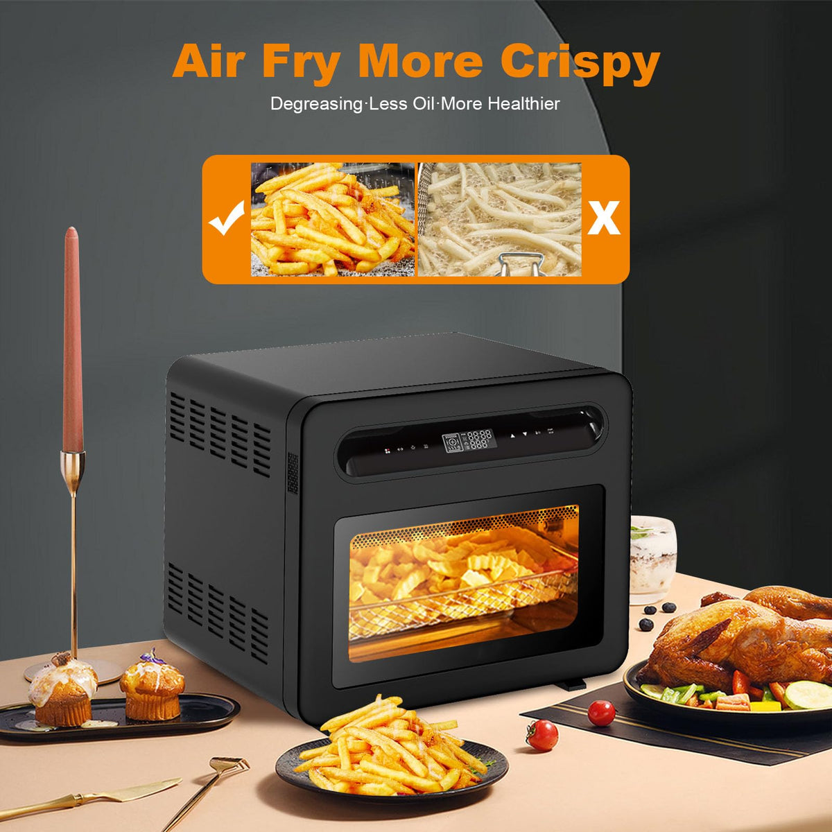 Piekarnik do pieczenia na gorąco Air Fryer 26QT, piekarnik parowy do blatu, pasuje do pizzy 12", 6 kromek tostów, duża pojemność, rożen i suszarka do pizzy