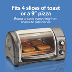 Hamilton Beach Easy Reach 4-Slice Countertop Toaster Oven With Roll-Top Door, 1200 W, Pasuje do pizzy 9”, 3 funkcje pieczenia: pieczenie, grillowanie i tostowanie, Srebrny (31344DA)