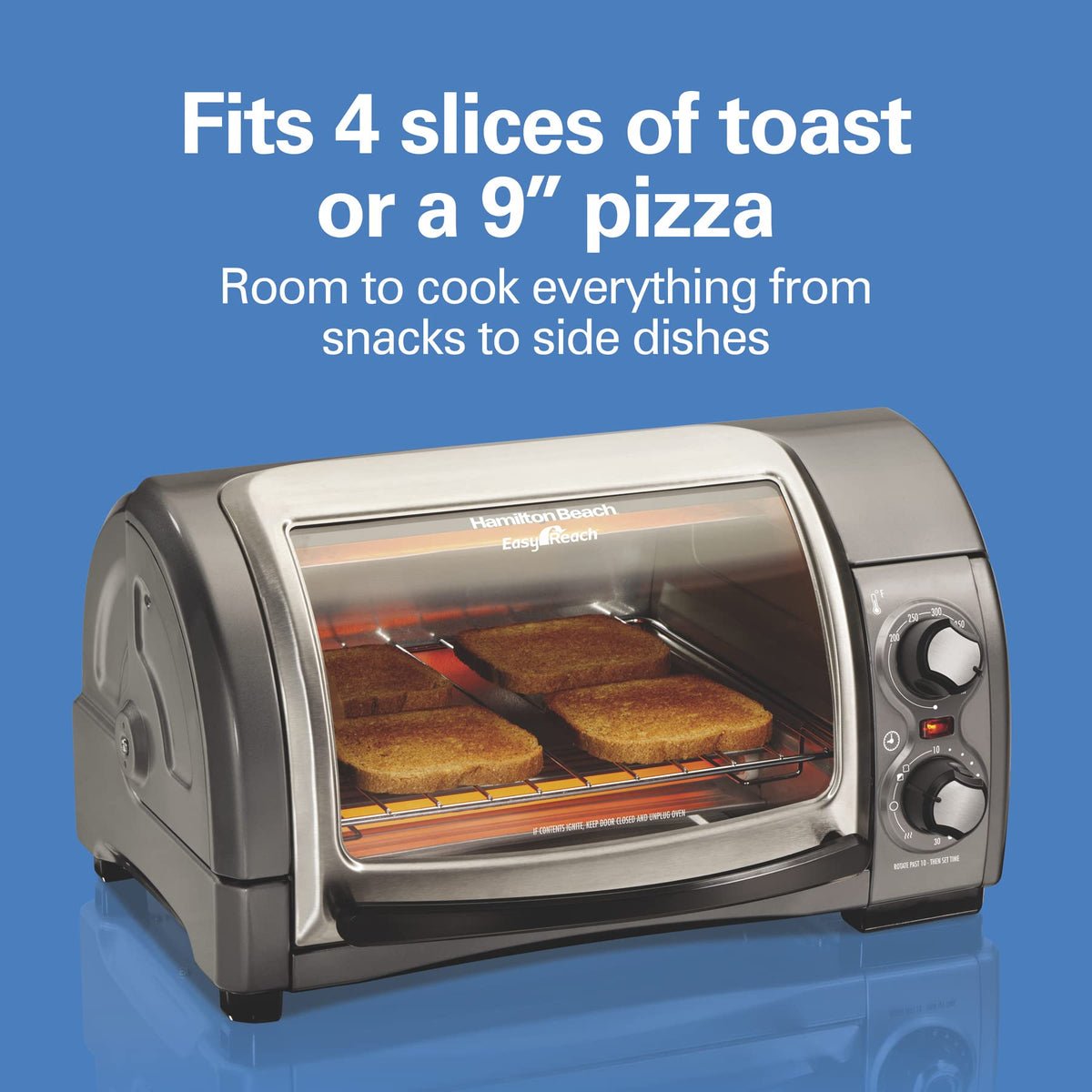 Hamilton Beach Easy Reach 4-Slice Countertop Toaster Oven With Roll-Top Door, 1200 W, Pasuje do pizzy 9”, 3 funkcje pieczenia: pieczenie, grillowanie i tostowanie, Srebrny (31344DA)