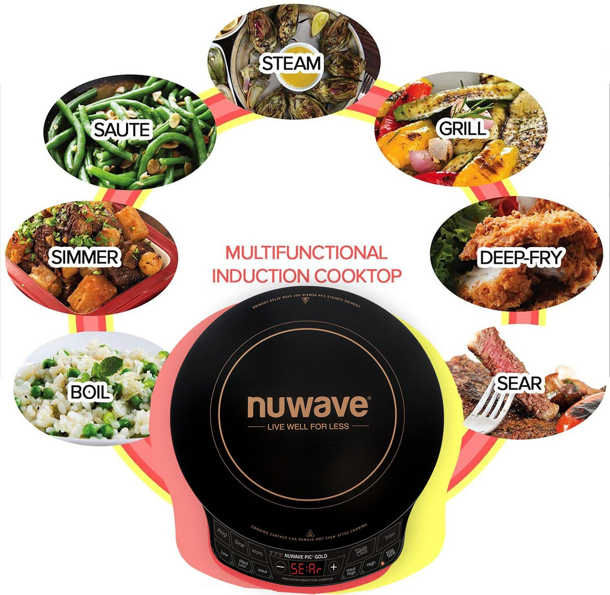 Kuchenka indukcyjna Nuwave Gold Precision, przenośna, mocna z dużą 8-calową cewką grzewczą, 100°F do 575°F, 3 ustawienia mocy, 12-calowa powierzchnia do gotowania odporna na ciepło