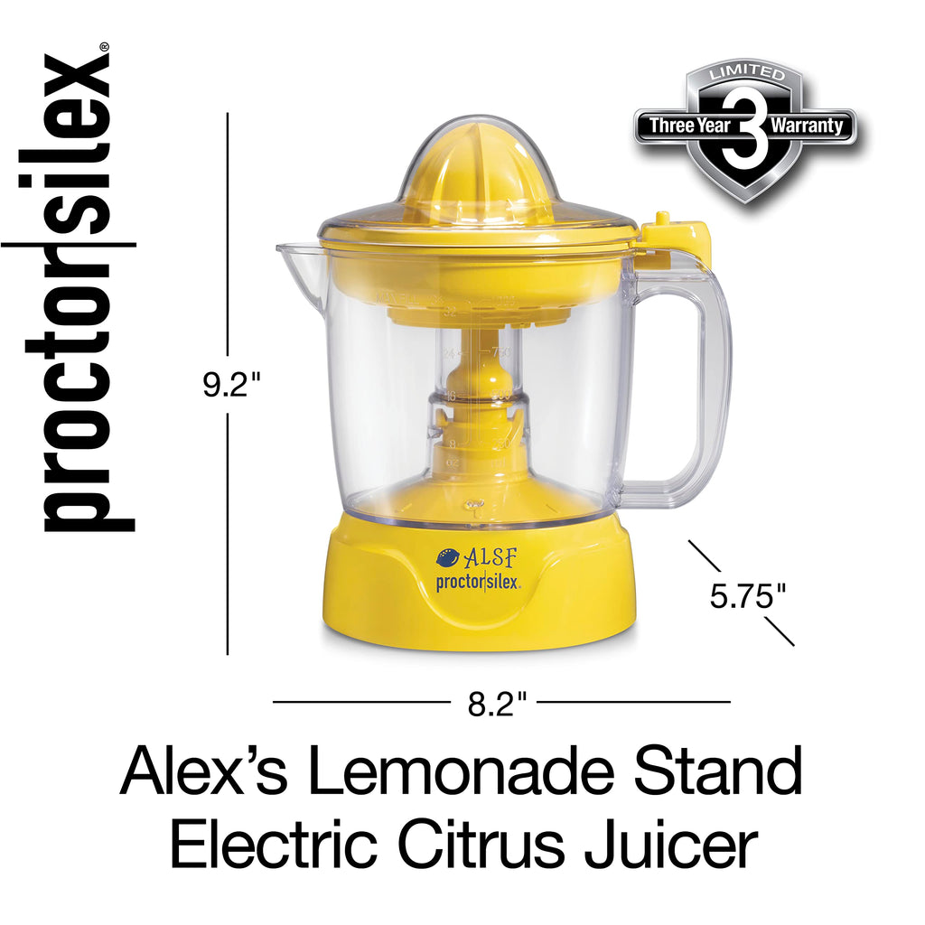 Proctor Silex Alex's Lemonade Stand Elektryczna wyciskarka do cytrusów i cytryn, limonek i pomarańczy, 34 uncje, zawiera 2 wyciskacze i książkę z przepisami, żółty (66341)