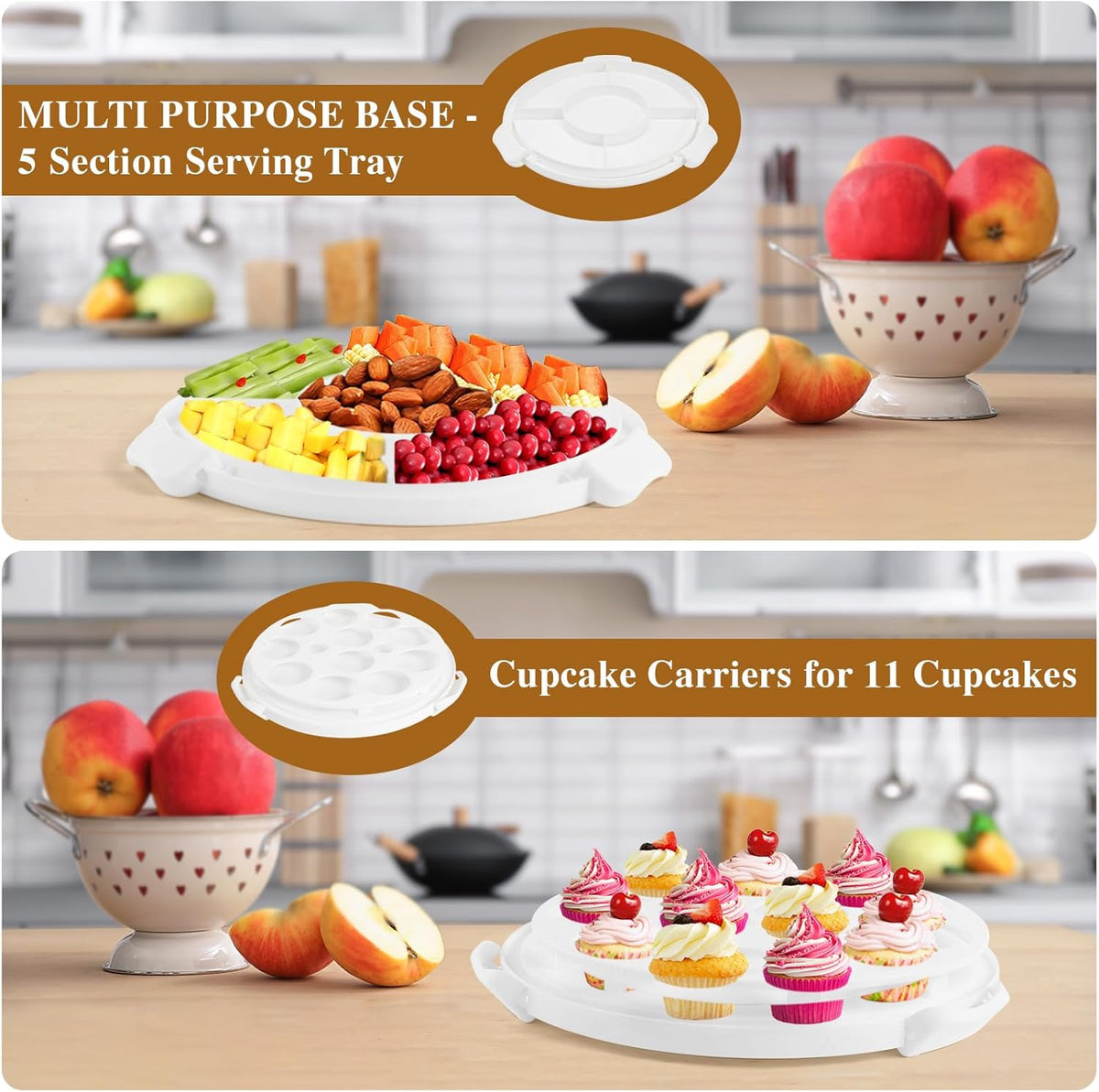 Cake Carrier with Lid and Handle, Multipurpose Cake Stand Fits 10 inch Cake, Cupcake Containers for 11 Cupcakes，Cake Holder Serves as Five Section Serving Tray, Portable Cake Carriers, White