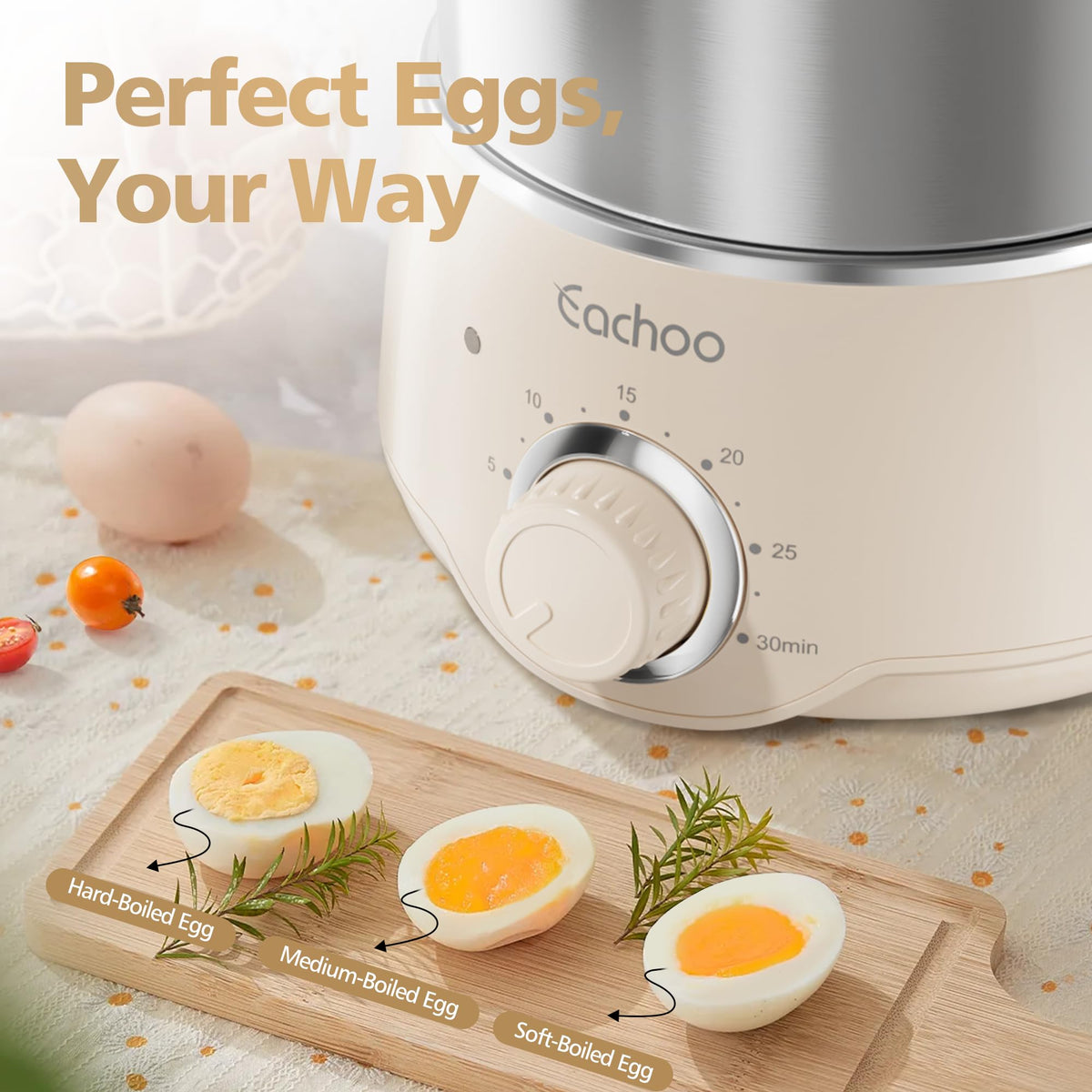 Яєчня-пароварка круто - CACHOO 14-Egg Rapid з нержавіючої сталі з 30-хвилинним таймером та автоматичним вимкненням, компактна електрична пароварка для овочів, придатна для миття в посудомийній машині, бежевий колір