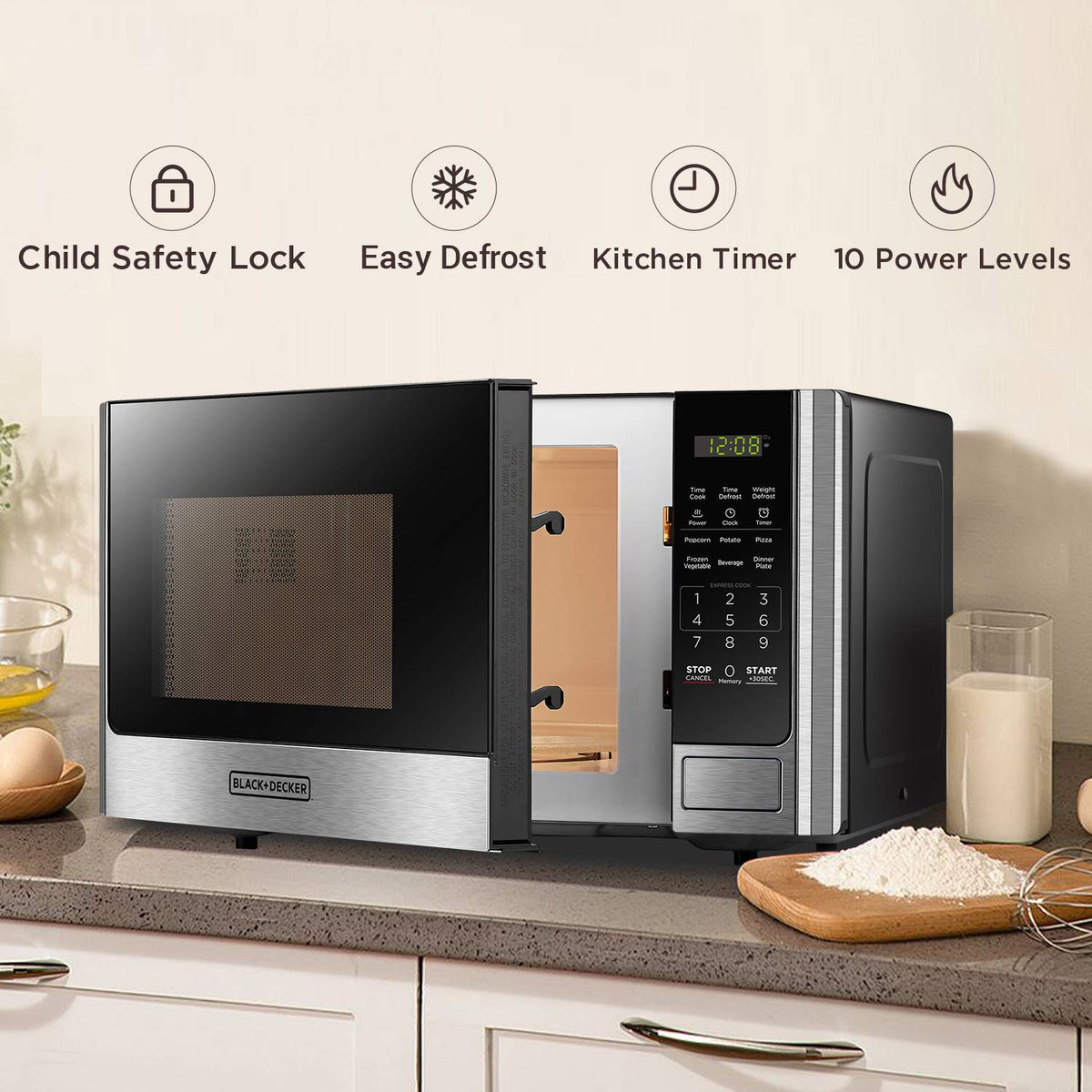 BLACK+DECKER Cyfrowy Piekarnik Mikrofalowy z Talerzem Obrotowym, Przyciskiem Drzwi, Blokada Bezpieczeństwa Dziecięca, Stal Nierdzewna, 0.9 Cu Ft