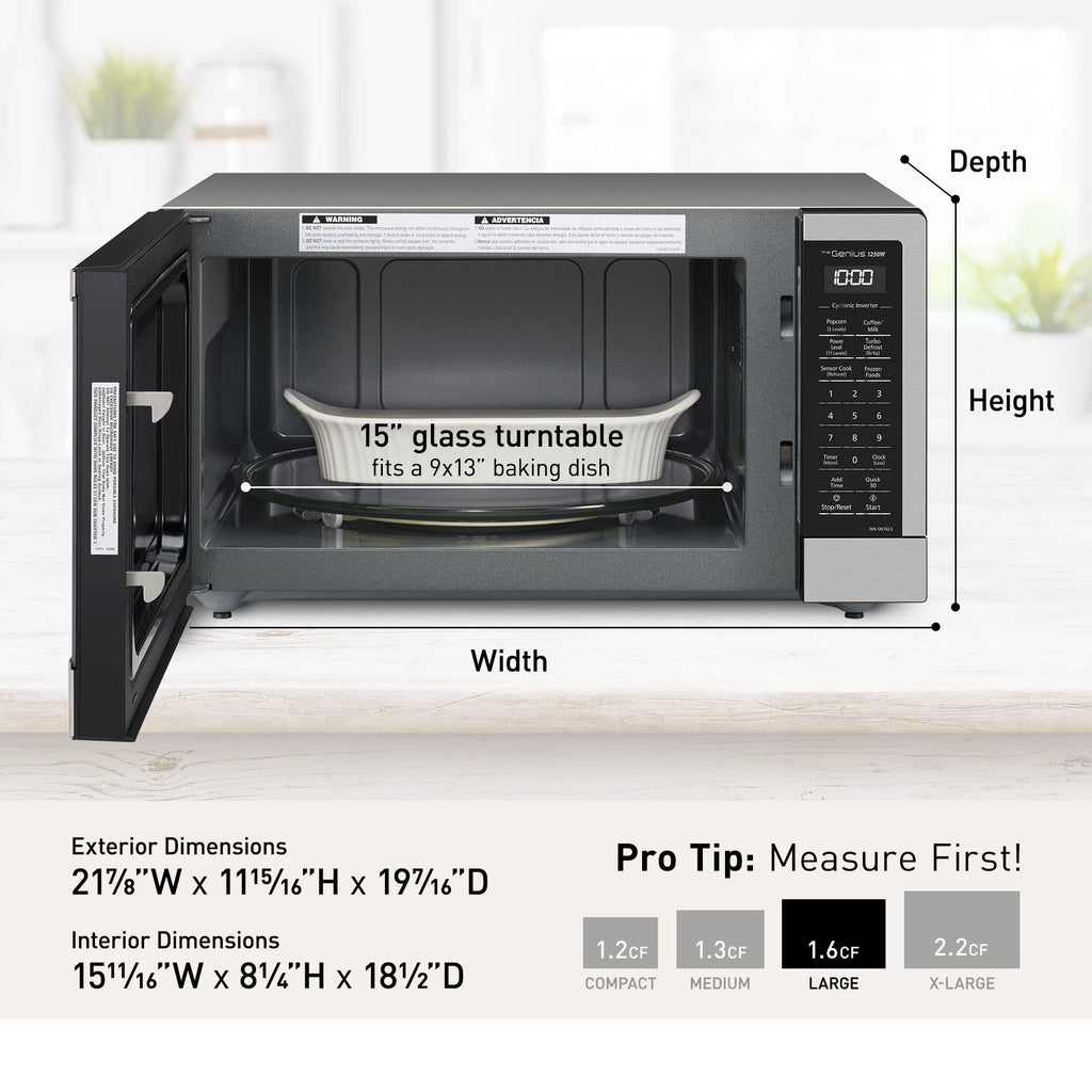 Мікрохвильова піч Panasonic NN-SN76LS з циклонним інверторним режимом настільної роботи об'ємом 1,6 куб. фута, потужністю 1250 Вт, з сенсорним керуванням Genius, розміри 48,4 см (Г) x 54,8 см (Ш) x 29,4 см (В), нержавіюча сталь