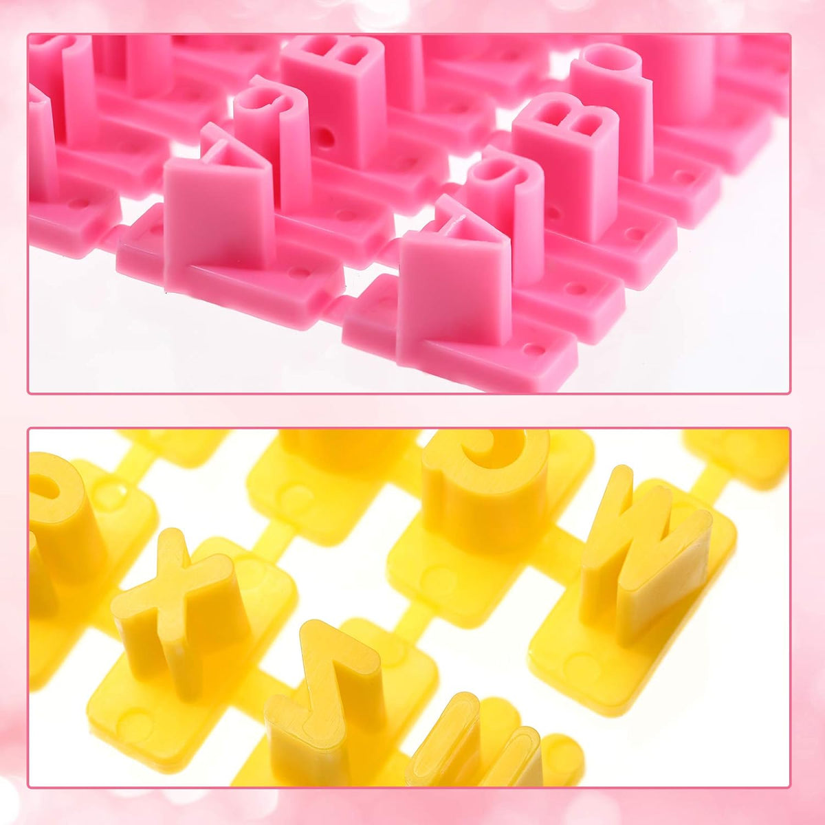 225 Pcs Alphabet Number Punctuation Cookie Letter Biscuit Stamp Cookie Letters Stamp Set Including alphabet Lower and Upper Case for biscuit decor Embosser Cutter Fondant DIY Tool(Yellow, Pink)